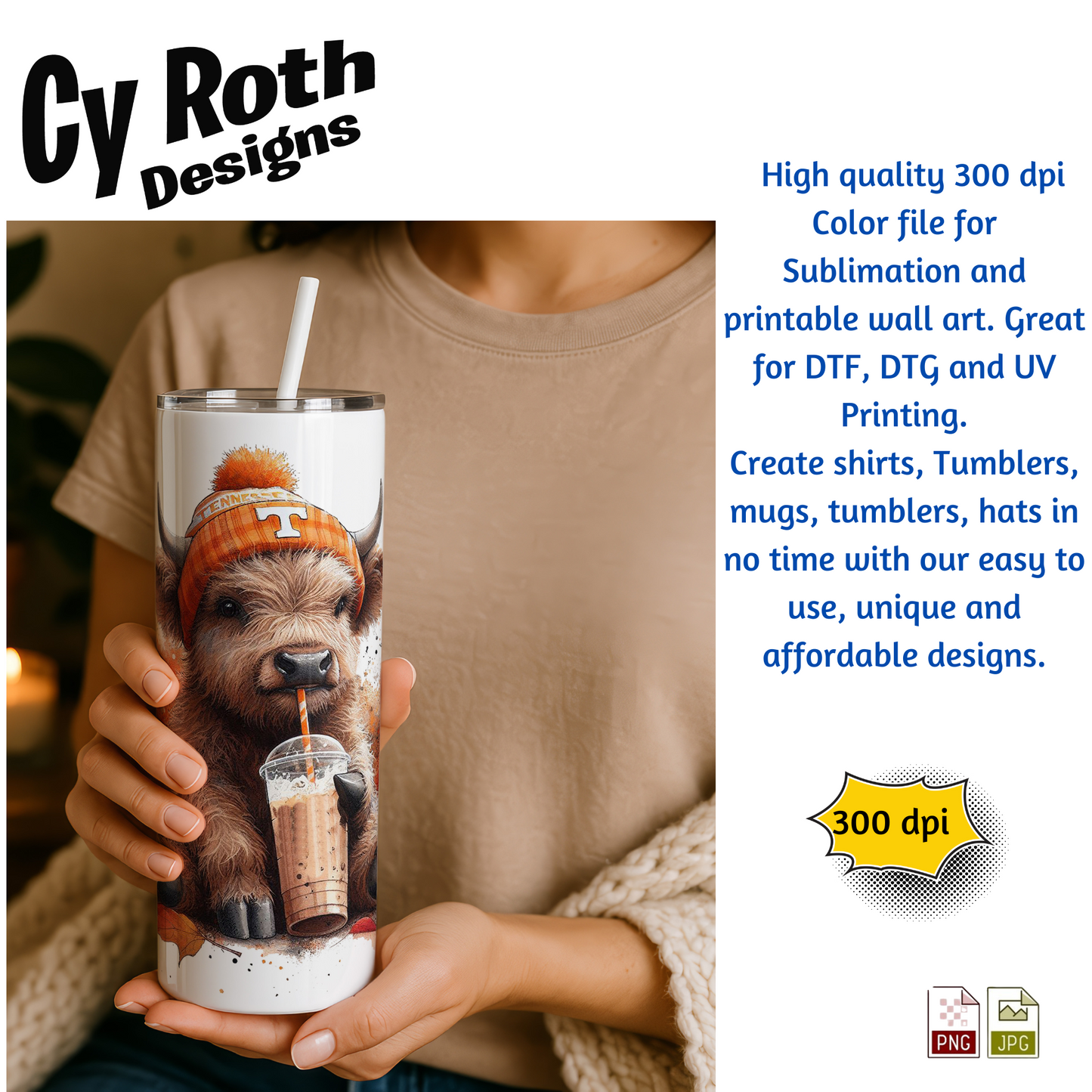Tennessee Highland Cow Sublimation PNG JPG file, Wall Art 20oz skinny Tumbler, shirt PNG, Junk Journal image
