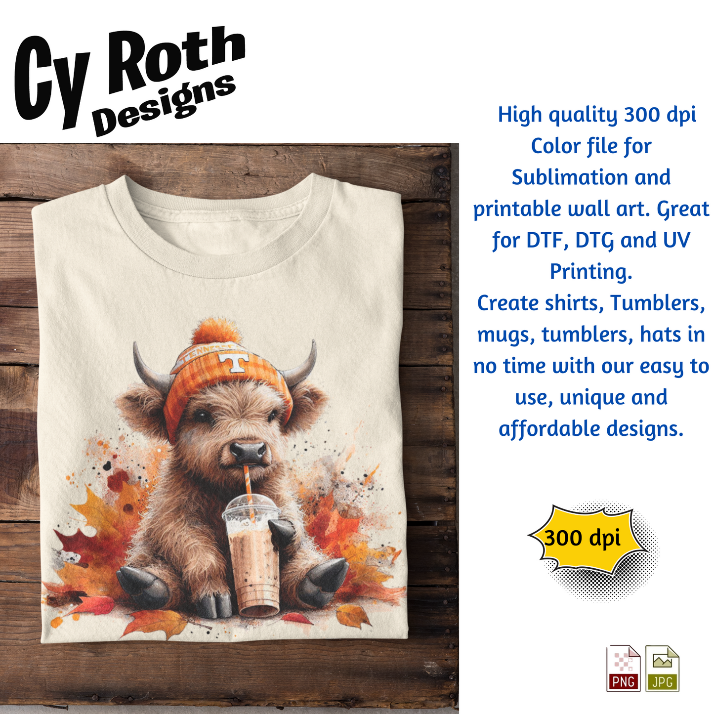 Tennessee Highland Cow Sublimation PNG JPG file, Wall Art 20oz skinny Tumbler, shirt PNG, Junk Journal image