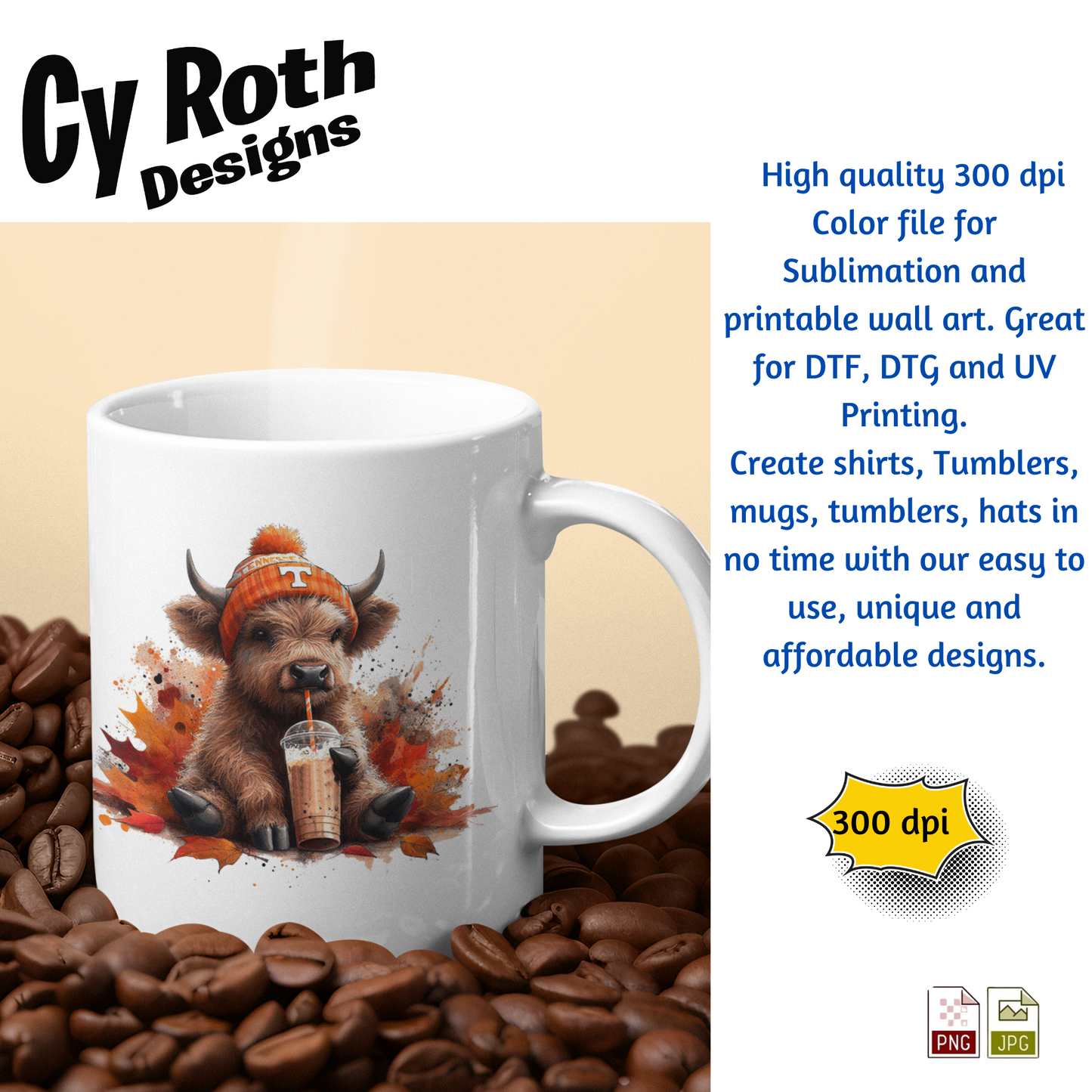 Tennessee Highland Cow Sublimation PNG JPG file, Wall Art 20oz skinny Tumbler, shirt PNG, Junk Journal image
