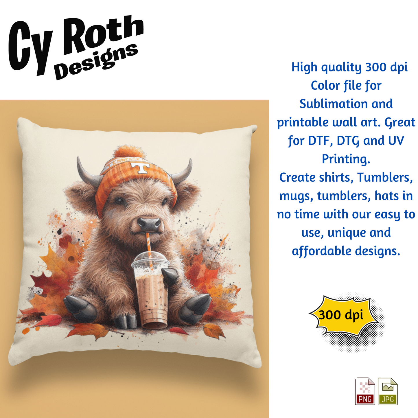 Tennessee Highland Cow Sublimation PNG JPG file, Wall Art 20oz skinny Tumbler, shirt PNG, Junk Journal image