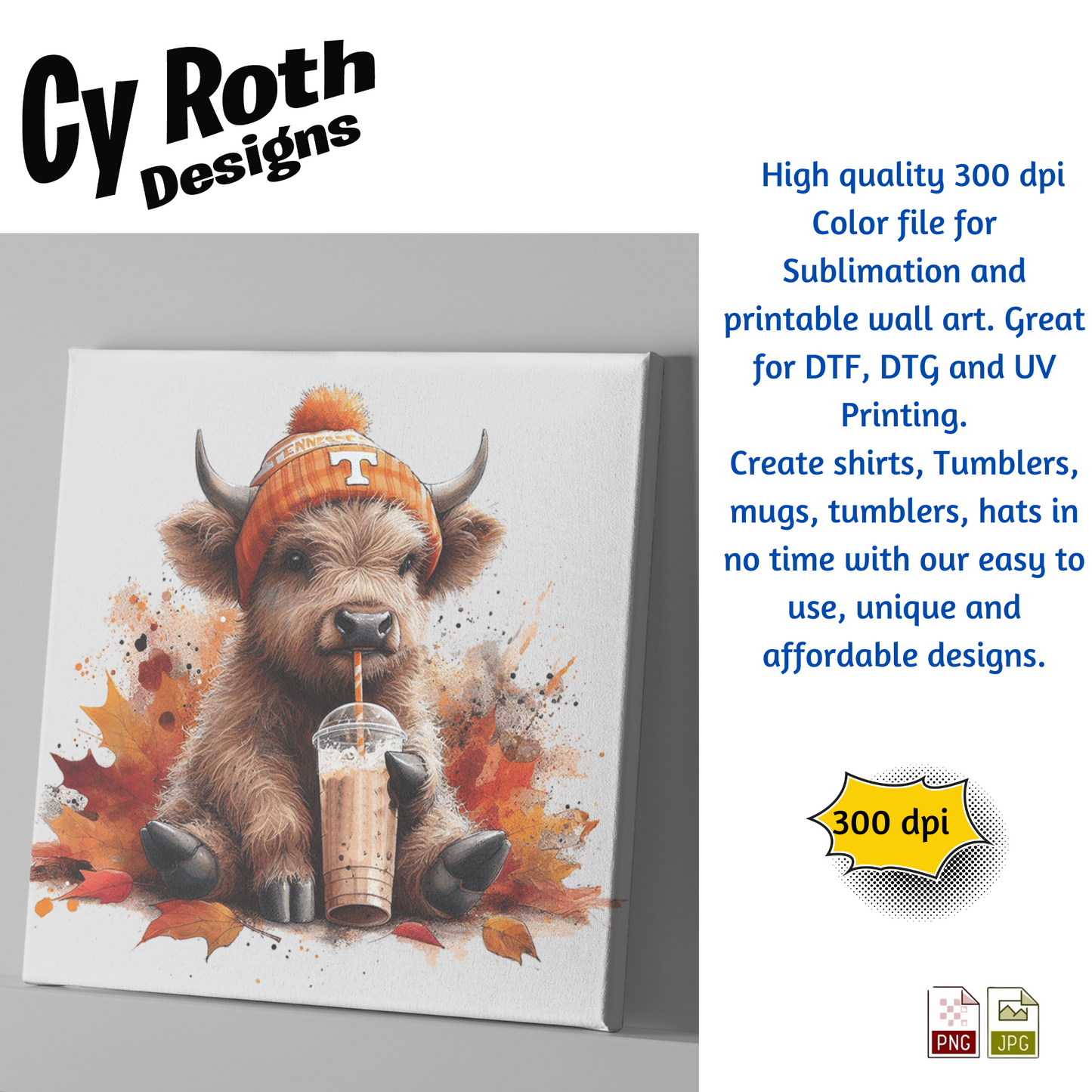 Tennessee Highland Cow Sublimation PNG JPG file, Wall Art 20oz skinny Tumbler, shirt PNG, Junk Journal image