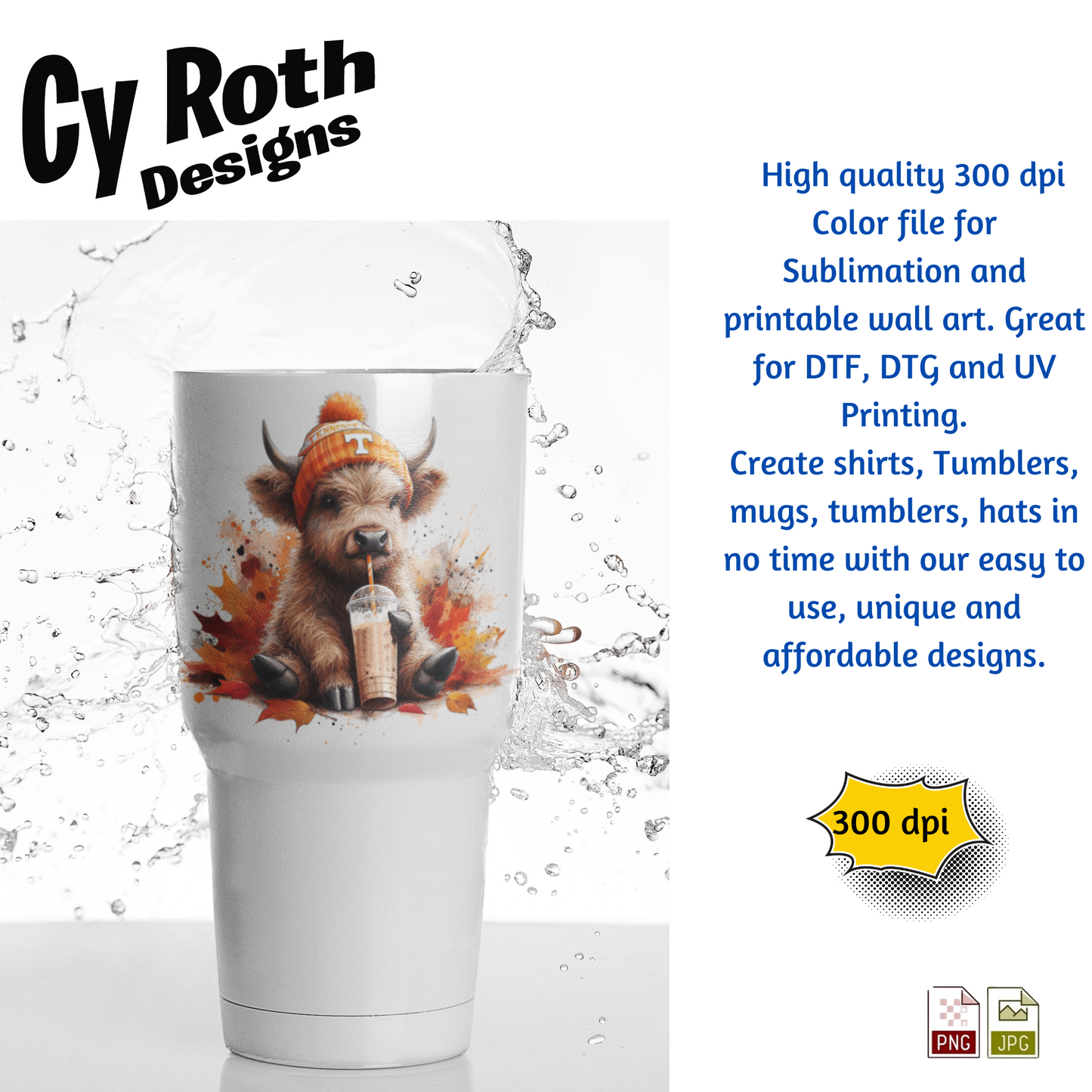 Tennessee Highland Cow Sublimation PNG JPG file, Wall Art 20oz skinny Tumbler, shirt PNG, Junk Journal image