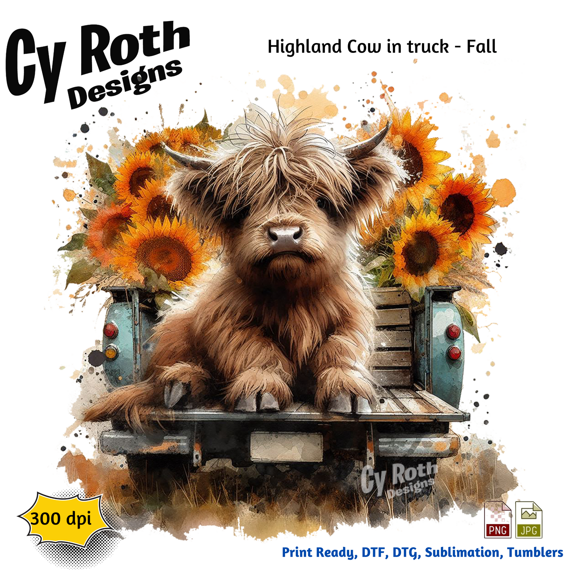 Highland Cow with sunflowers in back of vintage truck with Fall Decor