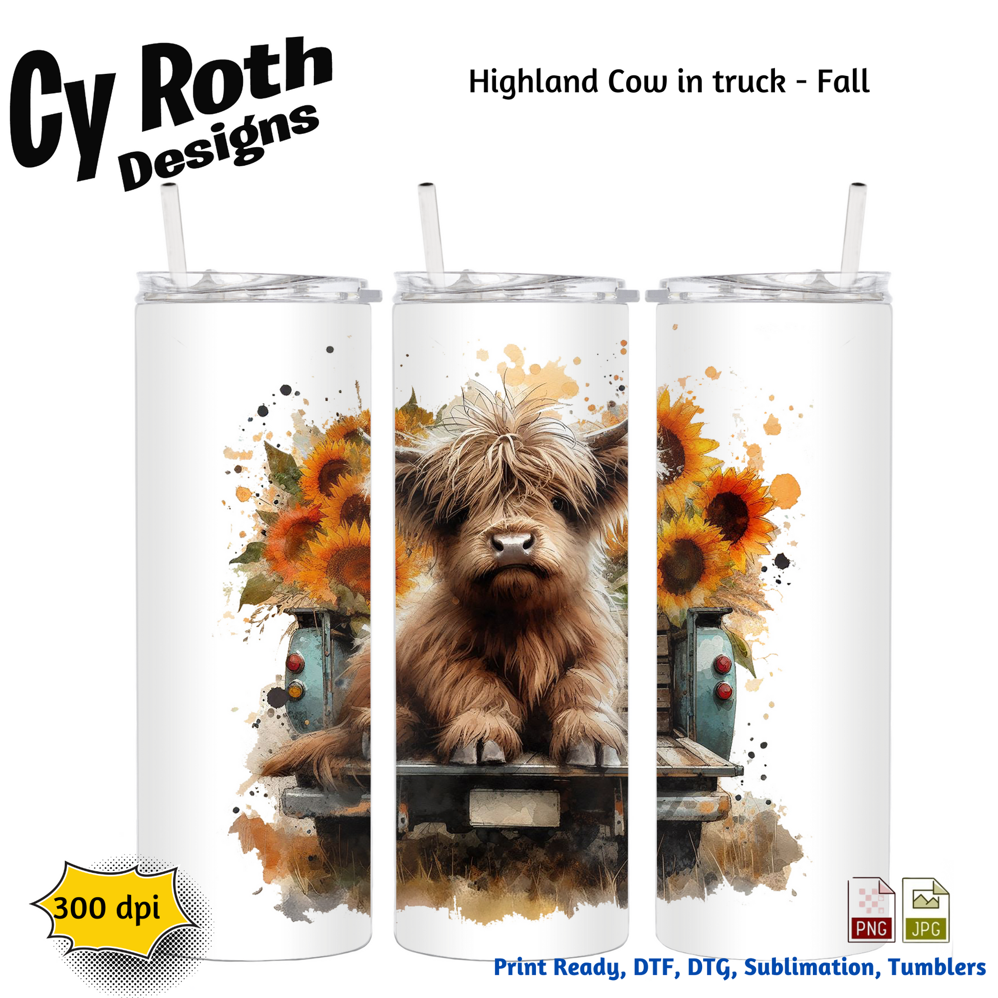 20 oz tumbler with sublimation design of a Highland Cow with sunflowers in back of vintage truck with Fall Decor