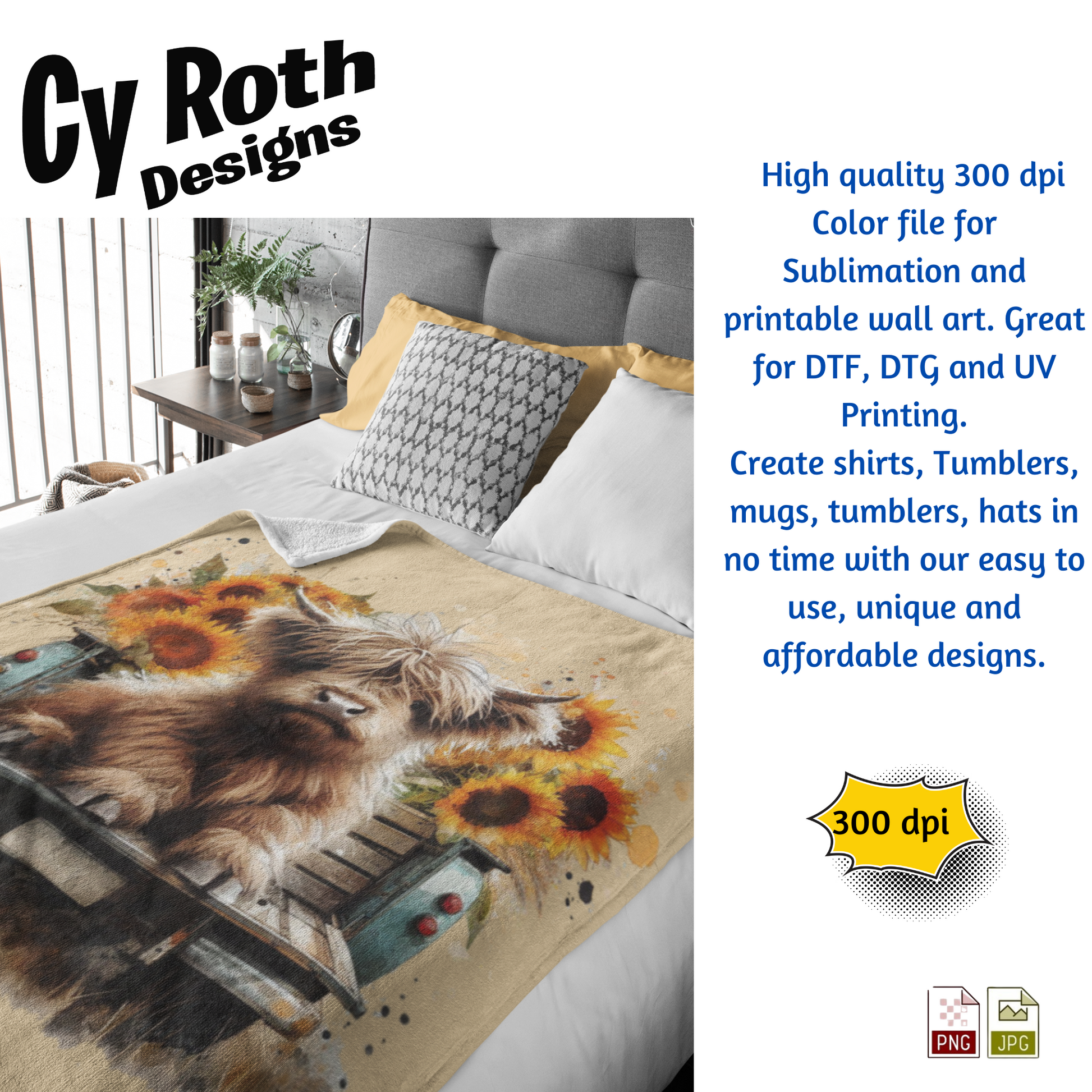Blanket with Highland Cow with sunflowers in back of vintage truck with Fall Decor