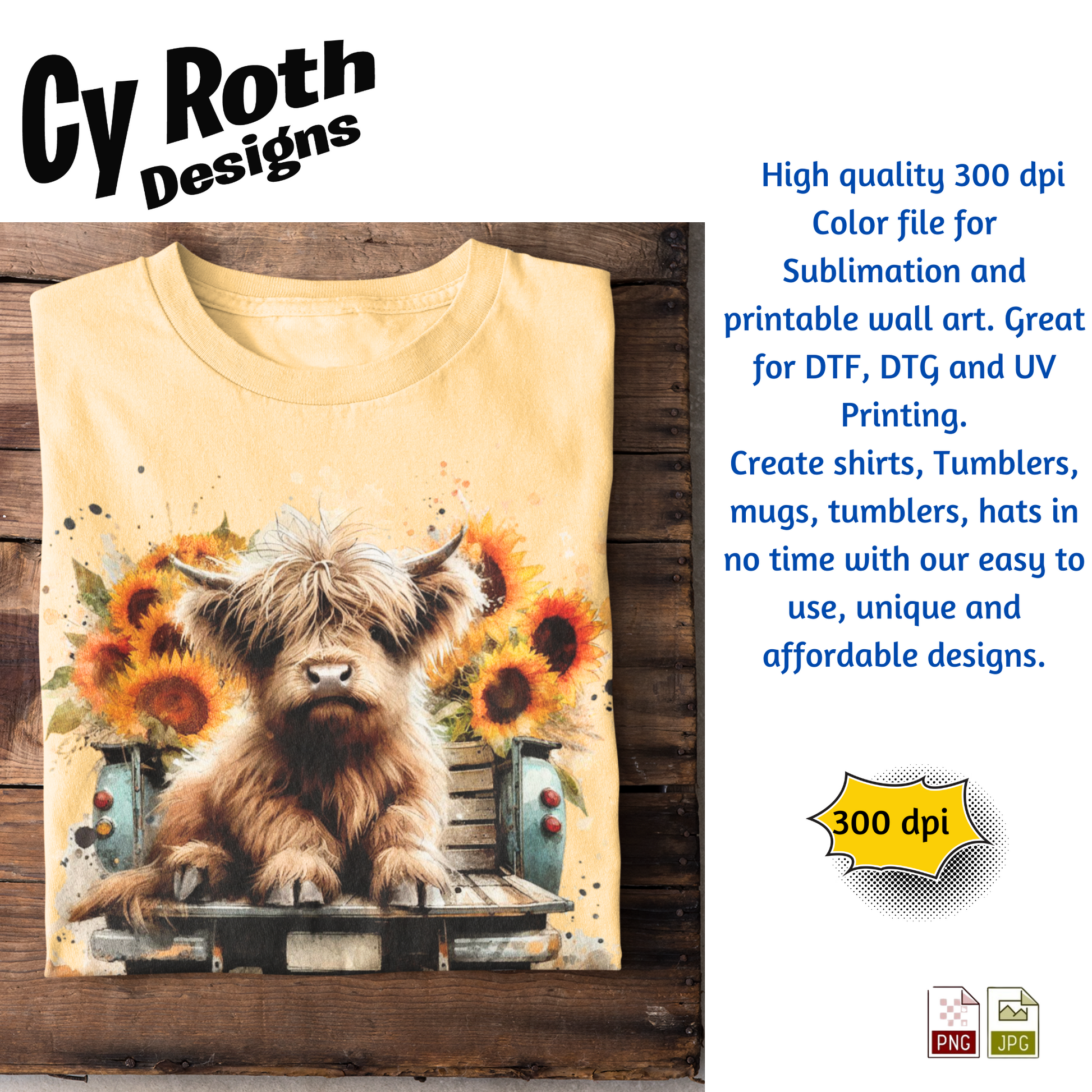 T-shirt with design of Highland Cow with sunflowers in back of vintage truck with Fall Decor