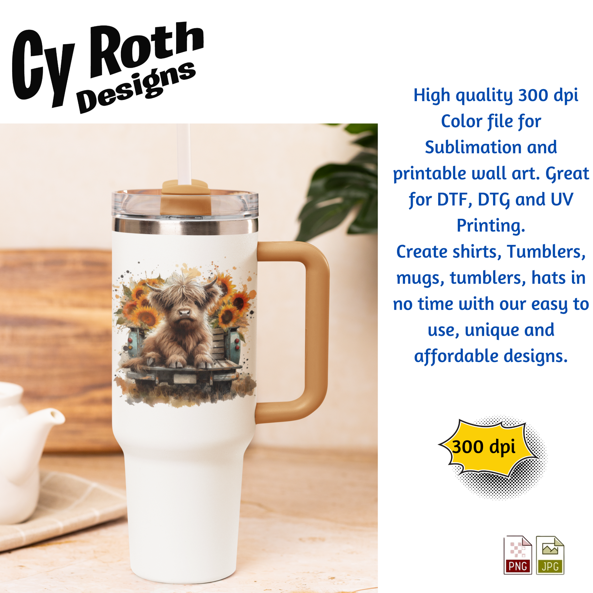 Travel mug featuring Highland Cow with sunflowers in back of vintage truck with Fall Decor
