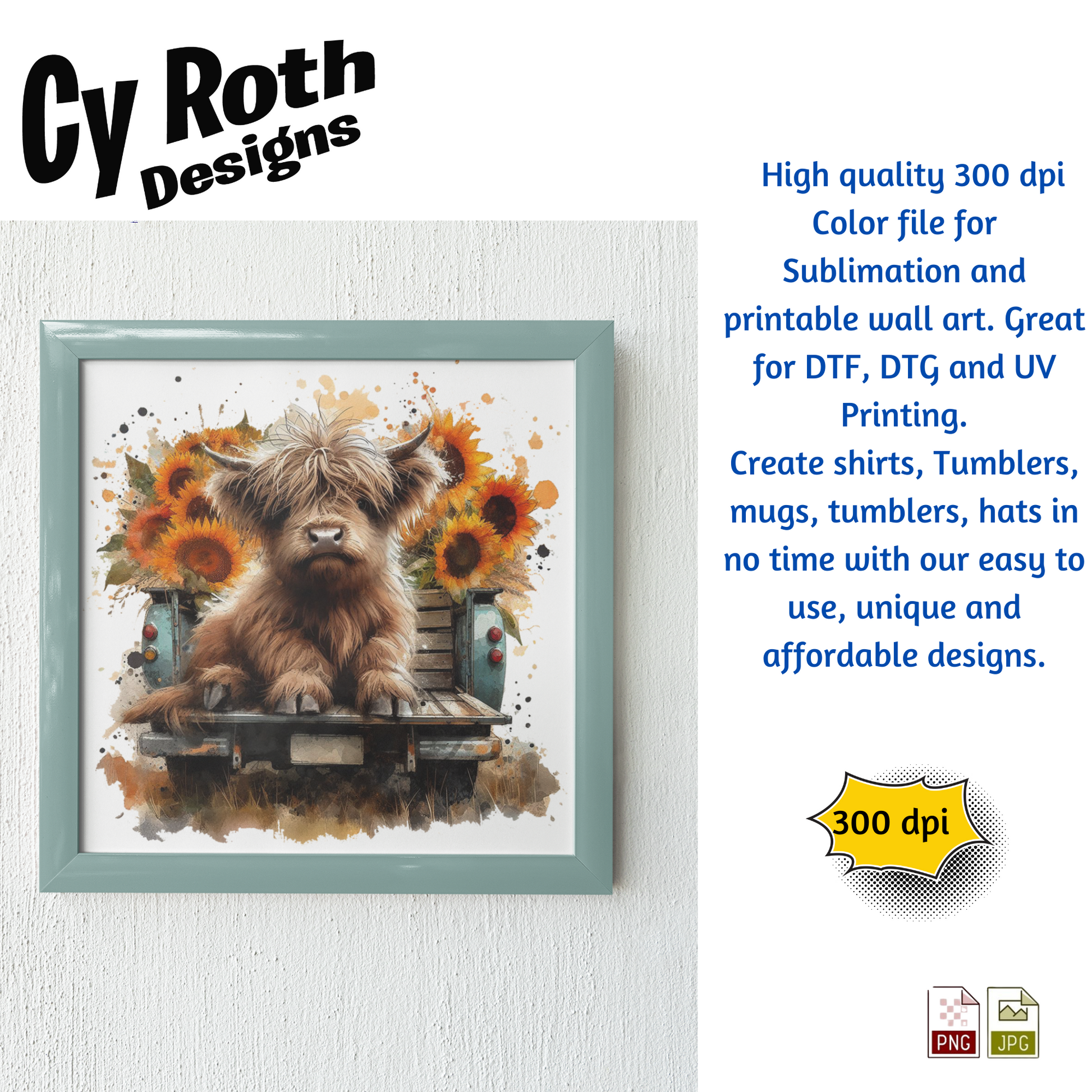 Framed artwork of a Highland Cow with sunflowers in back of vintage truck with Fall Decor