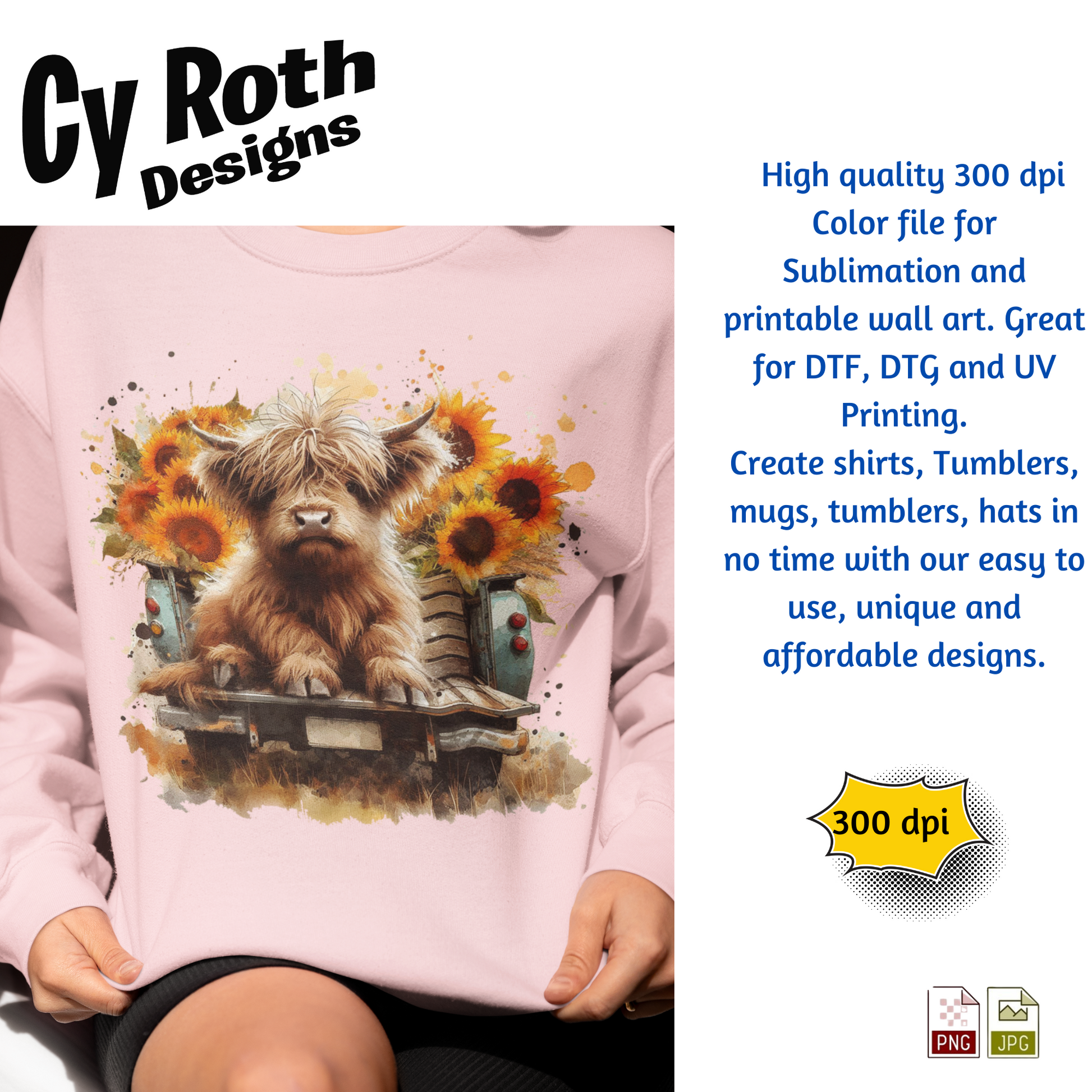 Pink sweatshirt with design of a Highland Cow with sunflowers in back of vintage truck with Fall Decor