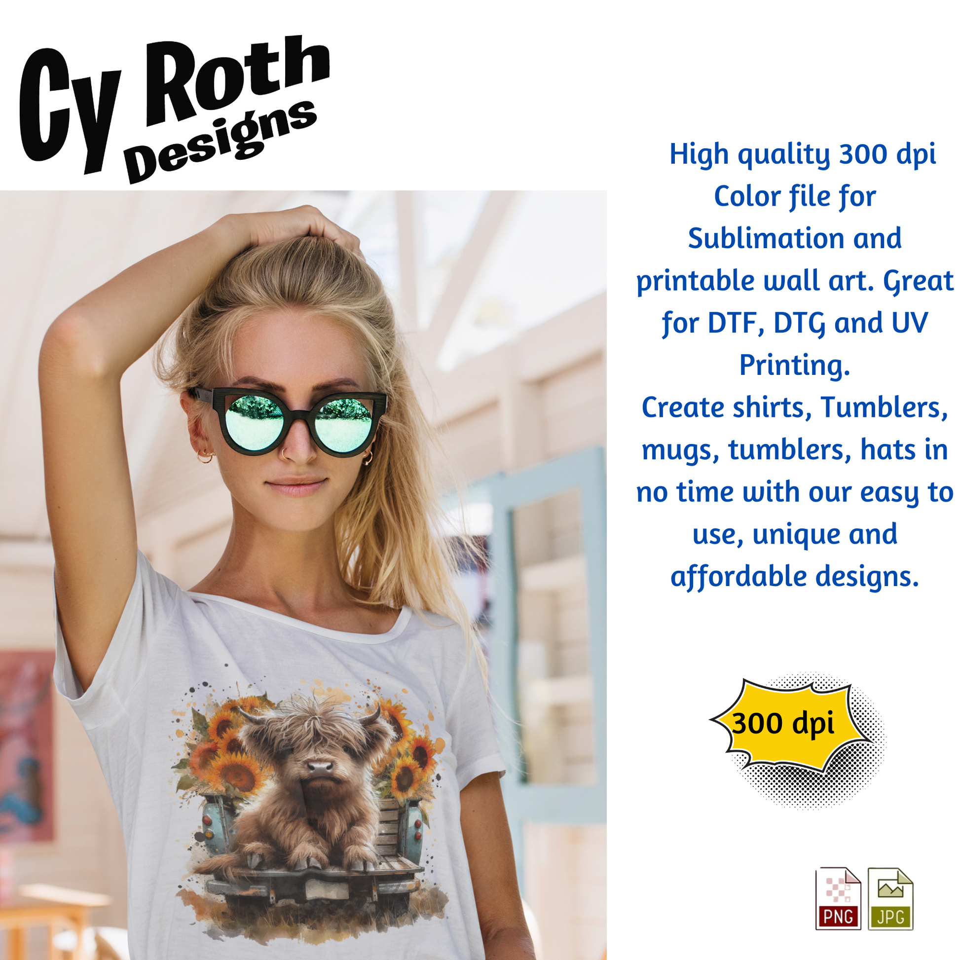 Woman wearing t-shirt featuring a Highland Cow with sunflowers in back of vintage truck with Fall Decor