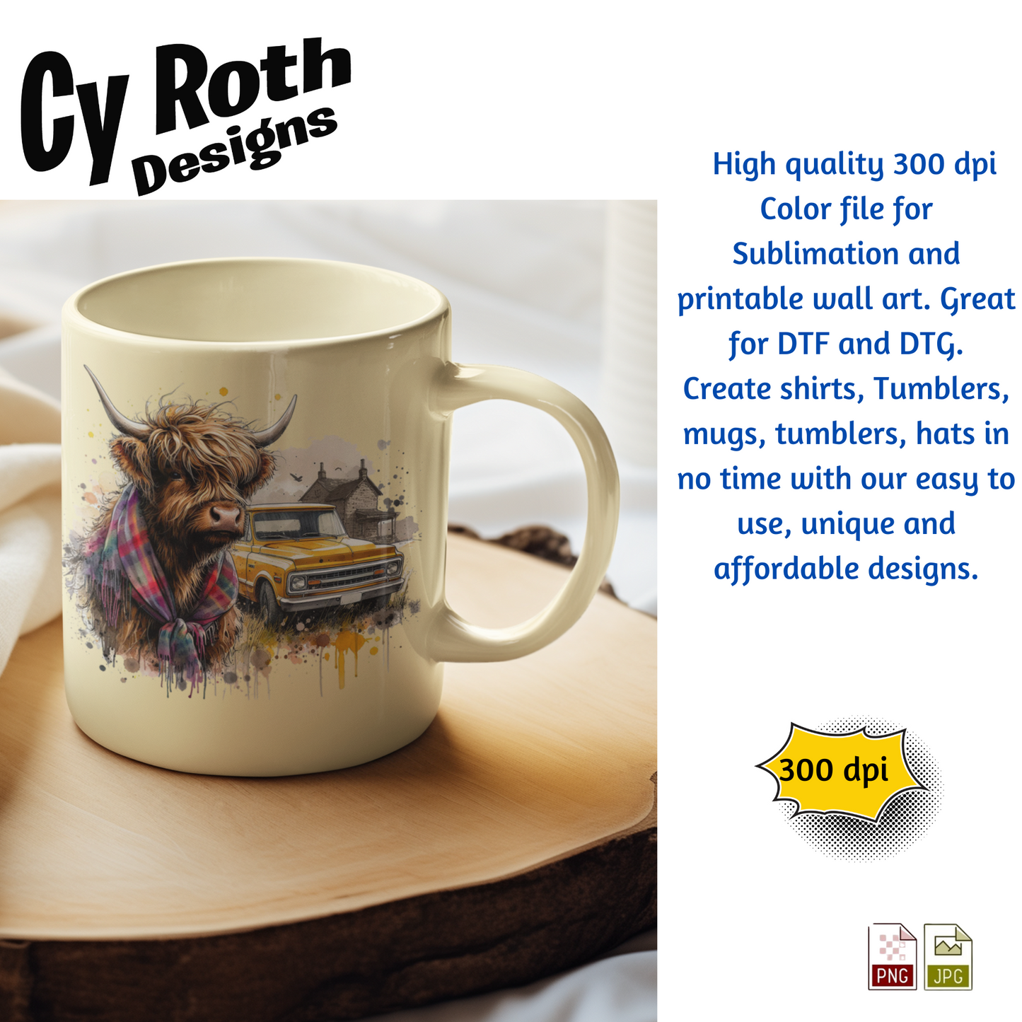 Highland Cow Sublimation PNG JPG file, Wall Art 20oz skinny Tumbler, shirt PNG, Junk Journal image