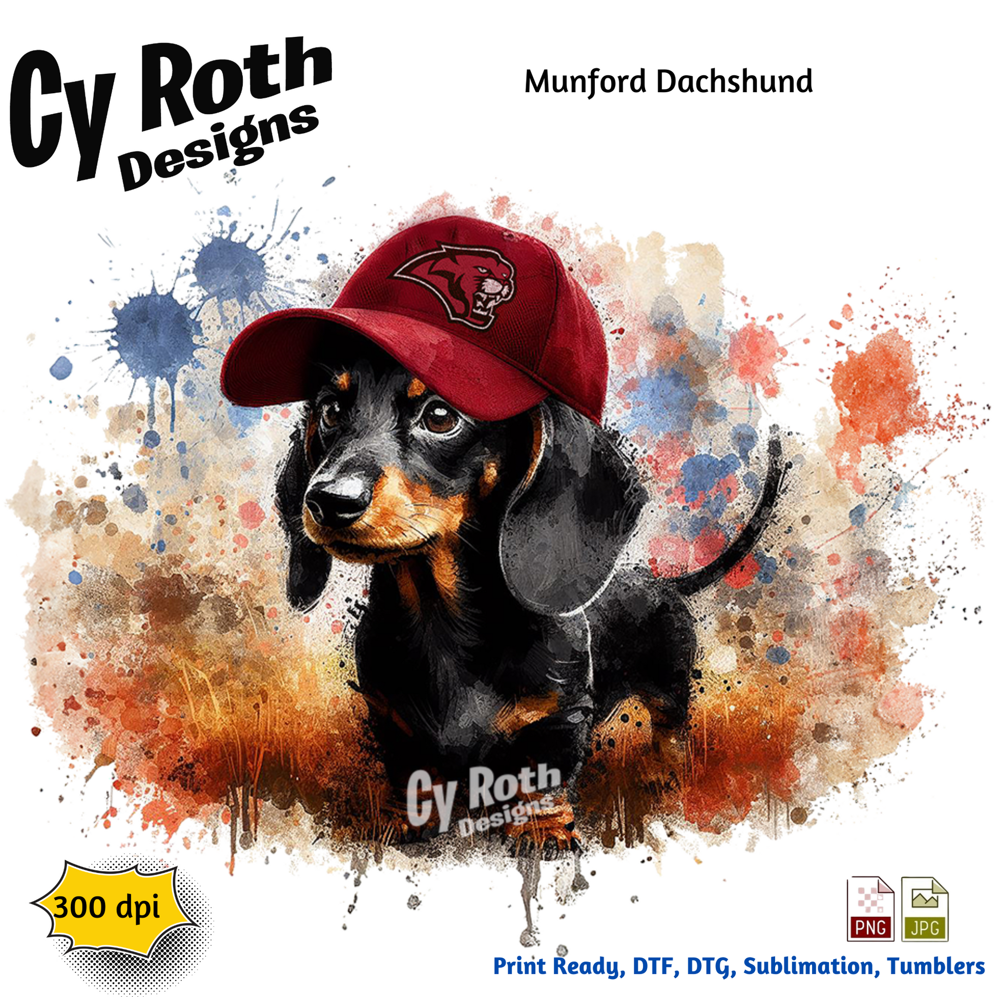 Dachshund wearing Munford hat sublimation design for tumblers, T-Shirts, Wall Art (PNG, SVG Digital Download).