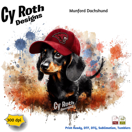 Dachshund wearing Munford hat sublimation design for tumblers, T-Shirts, Wall Art (PNG, SVG Digital Download).