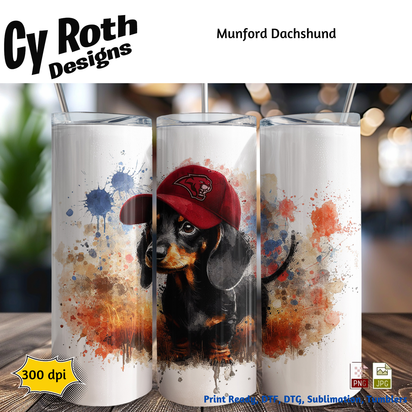 20 oz tumbler with image of a Dachshund wearing Munford hat