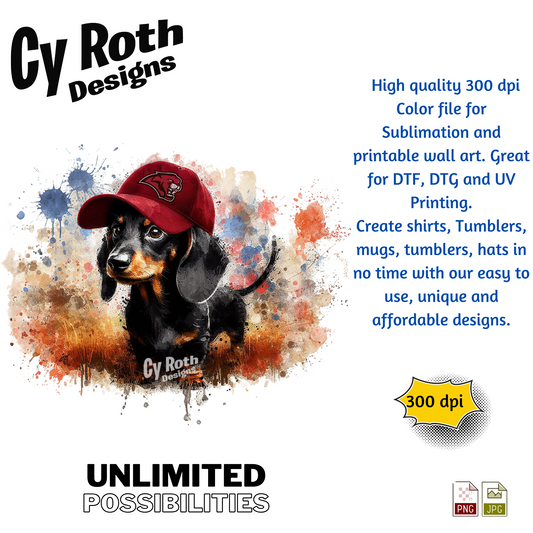 Dachshund wearing Munford hat sublimation design for tumblers, T-Shirts, Wall Art (PNG, SVG Digital Download).