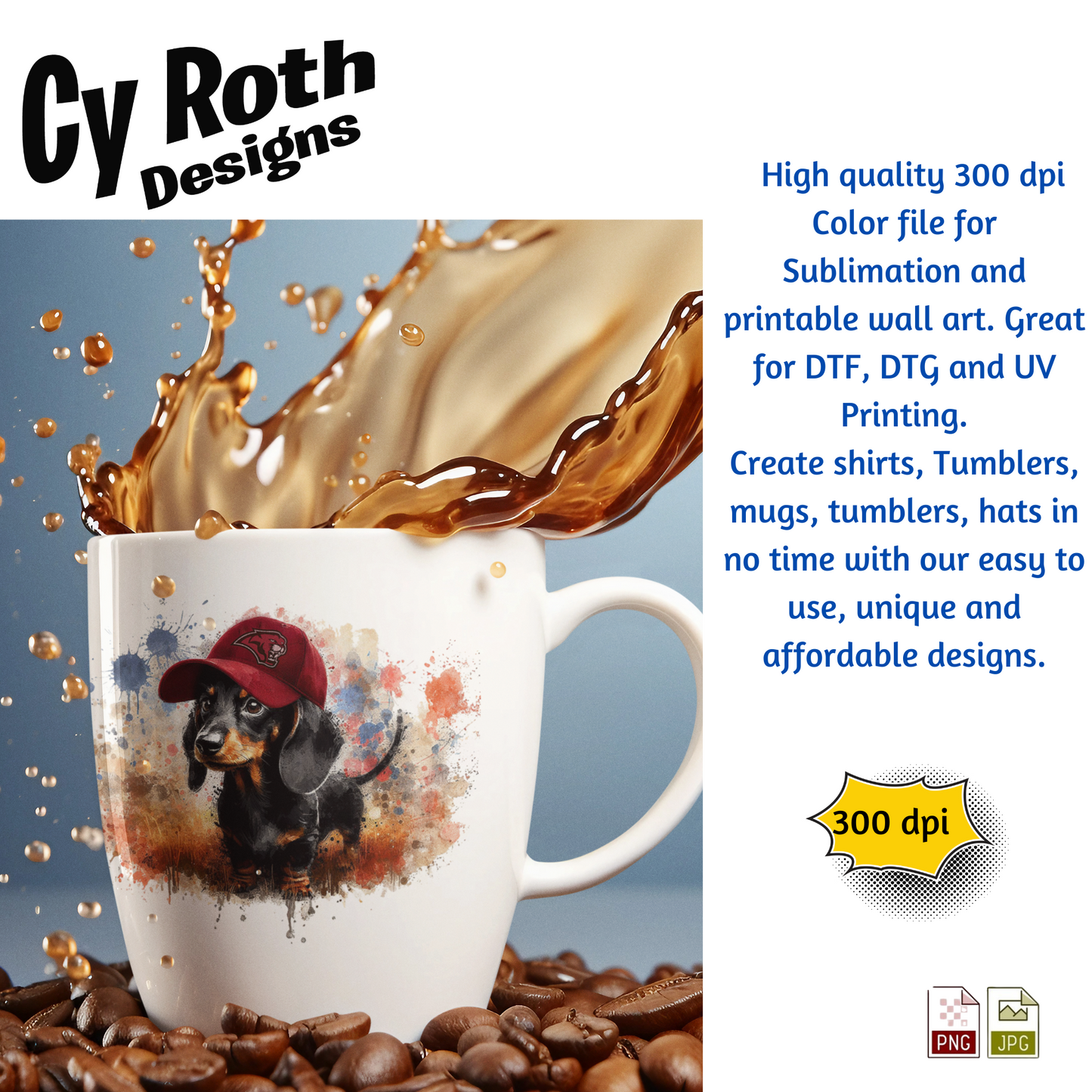 Coffee mug with image of a Dachshund wearing Munford hat