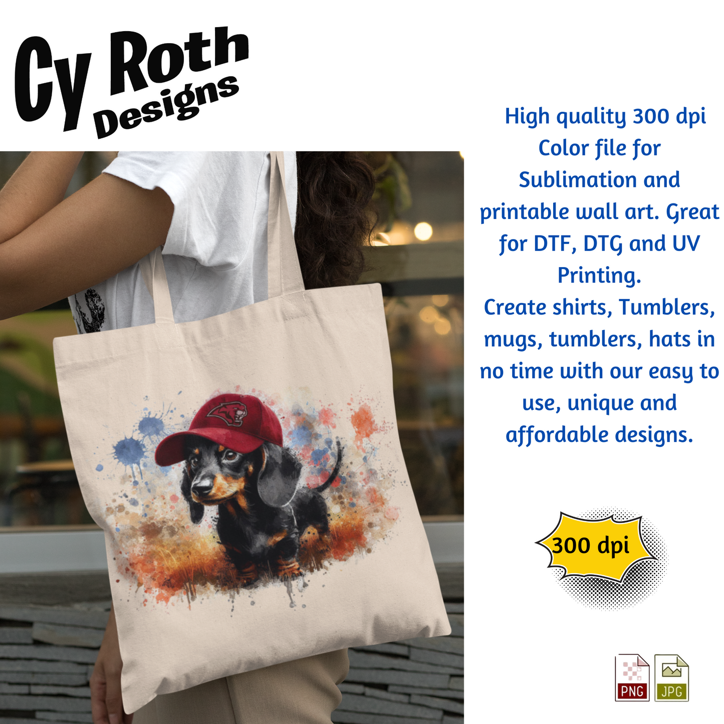 Tote bag with image of a Dachshund wearing Munford hat