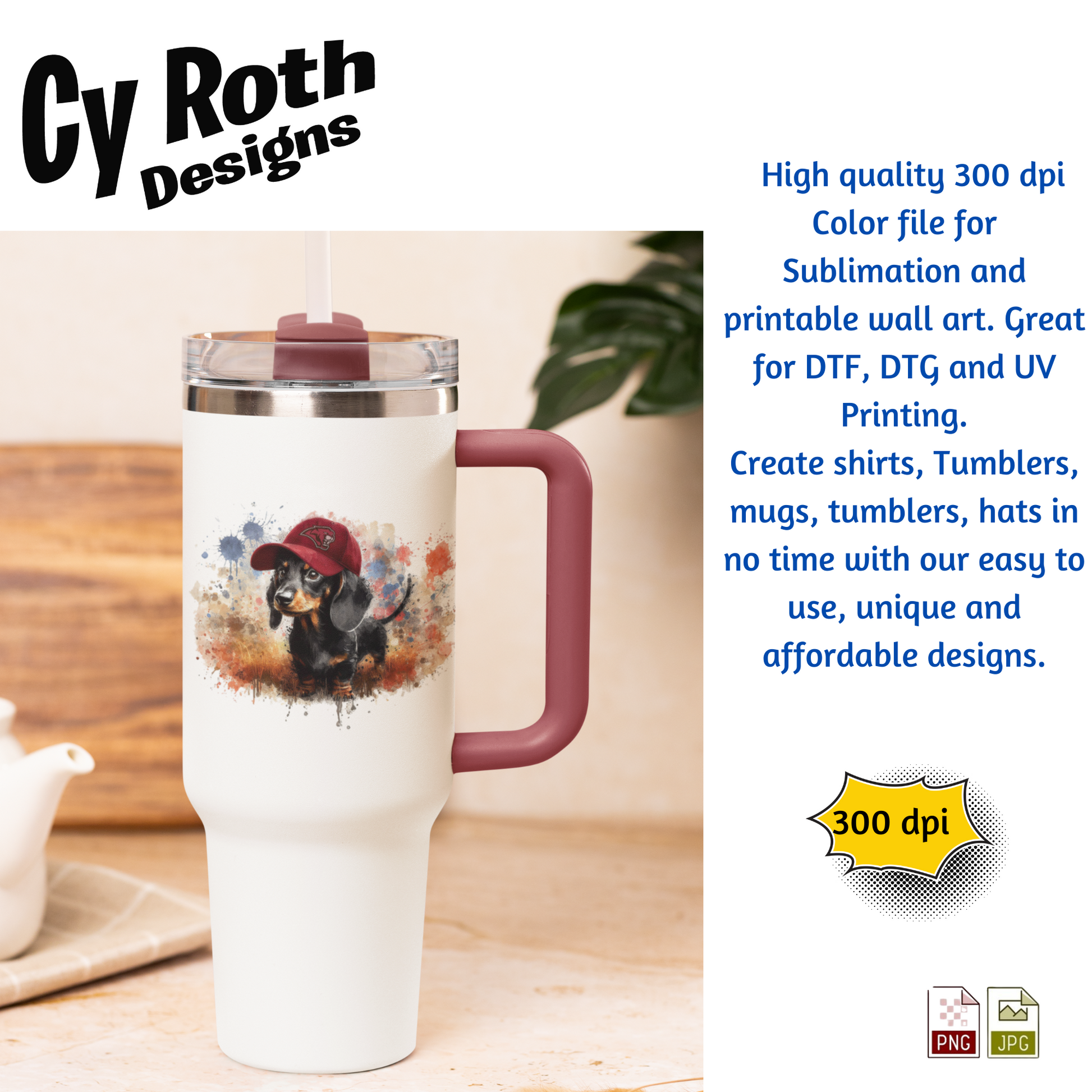 Travel mug with Dachshund wearing Munford hat