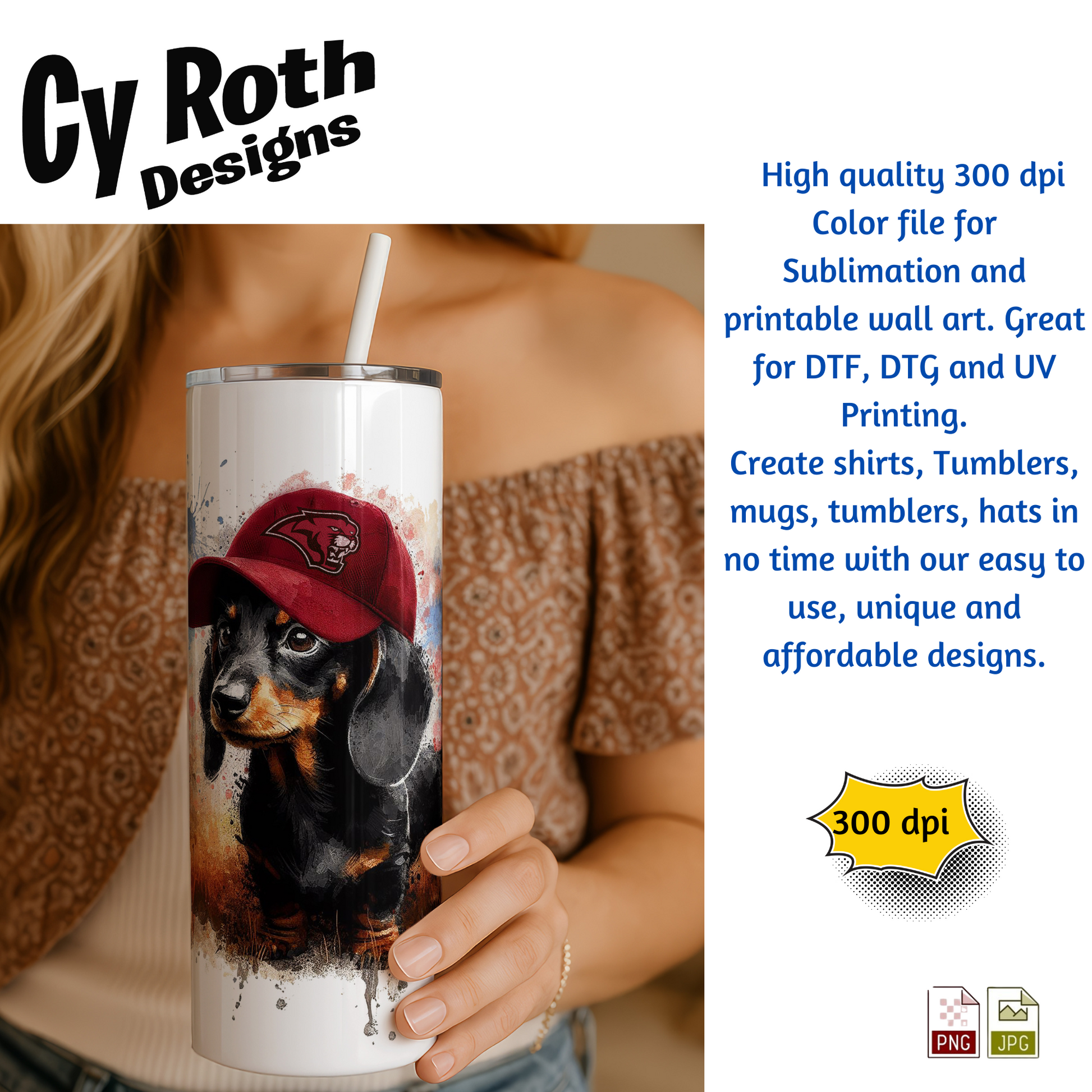 Tumbler showing a Dachshund wearing Munford hat