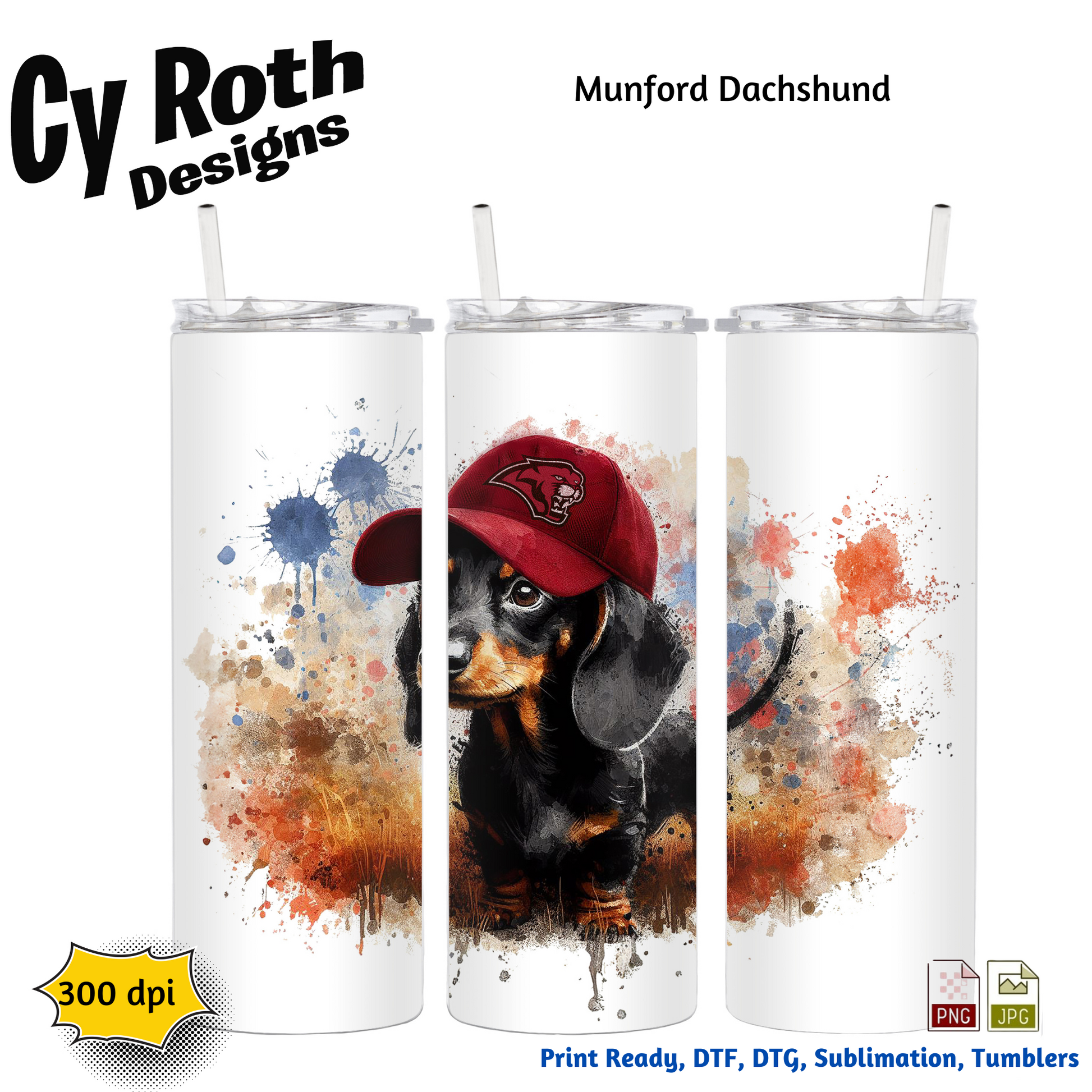 20 oz tumbler with Dachshund wearing Munford hat sublimation design