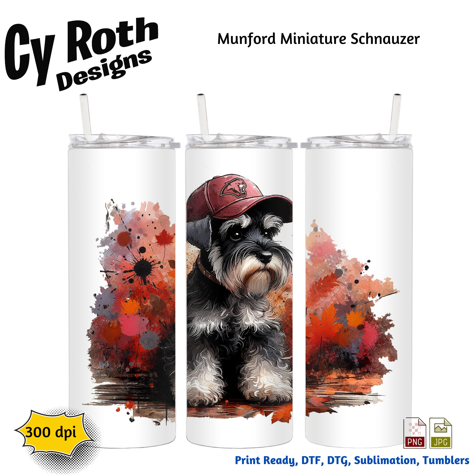 20 oz tumbler with Miniature Schnauzer wearing Munford hat sublimation design