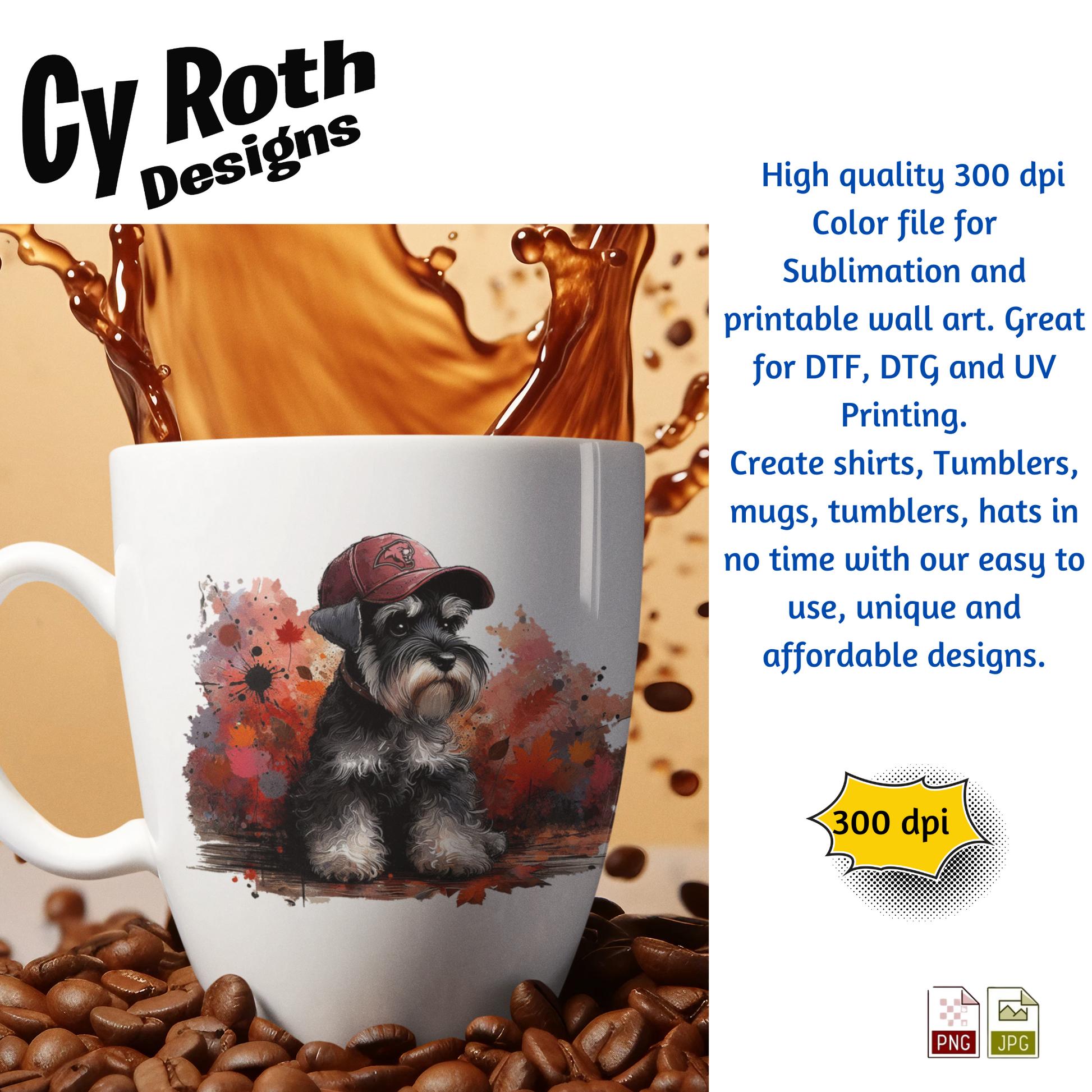 Coffee mug featuring Miniature Schnauzer wearing Munford hat sublimation design
