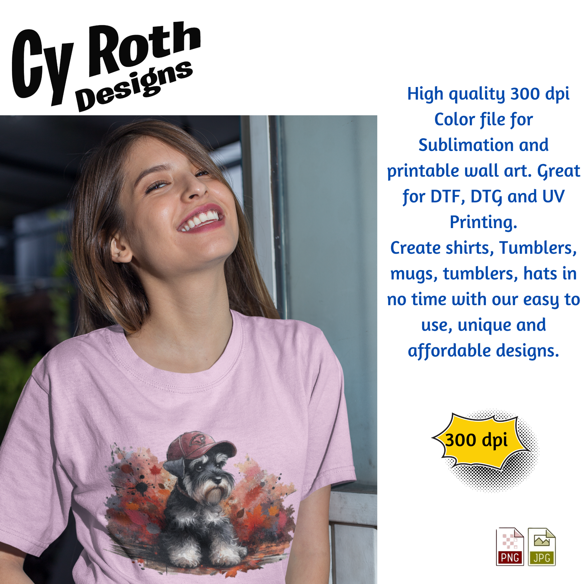 Woman wearing t-shirt with image of a Miniature Schnauzer wearing Munford hat
