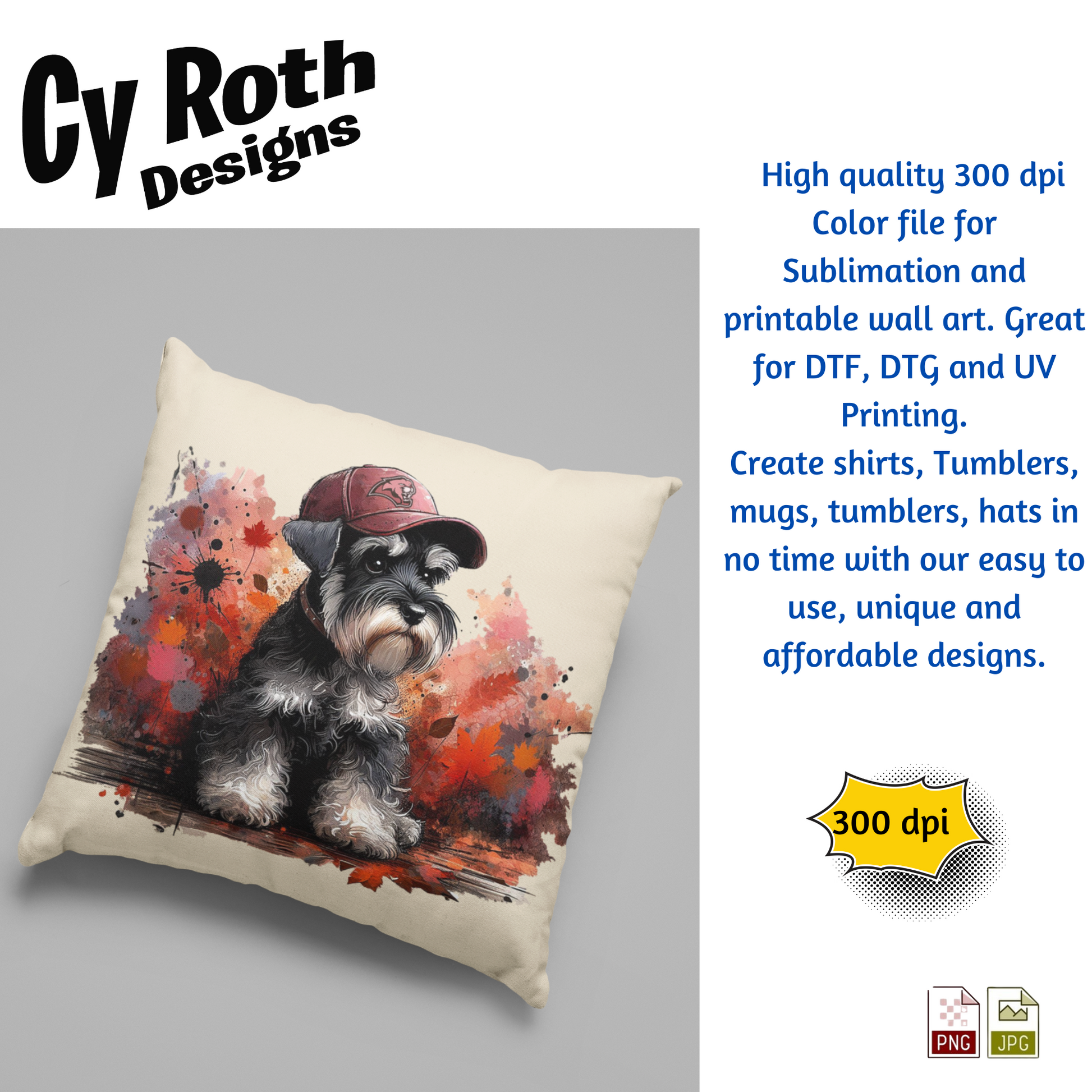 Decorative pillow with image of a Miniature Schnauzer wearing Munford hat