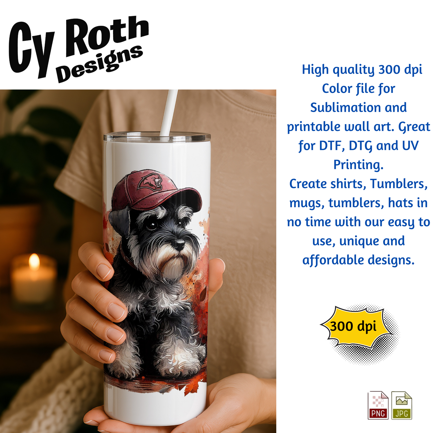 Tumbler with Miniature Schnauzer wearing Munford hat sublimation design