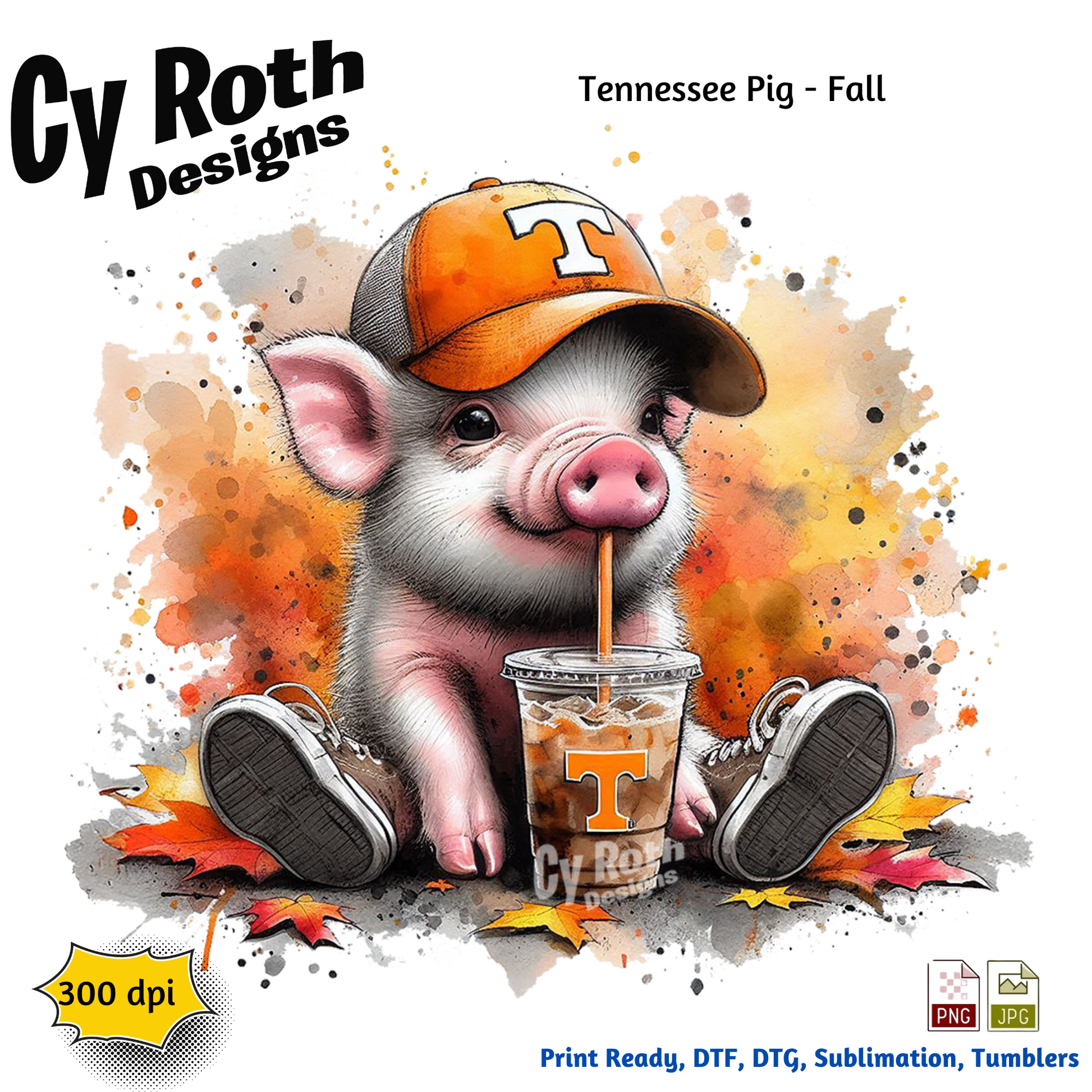 Tennessee Pig with Fall Decor sublimation design to make tumblers, t-Shirts, Printable Wall Art, Sweatshirts. Downloadable file.