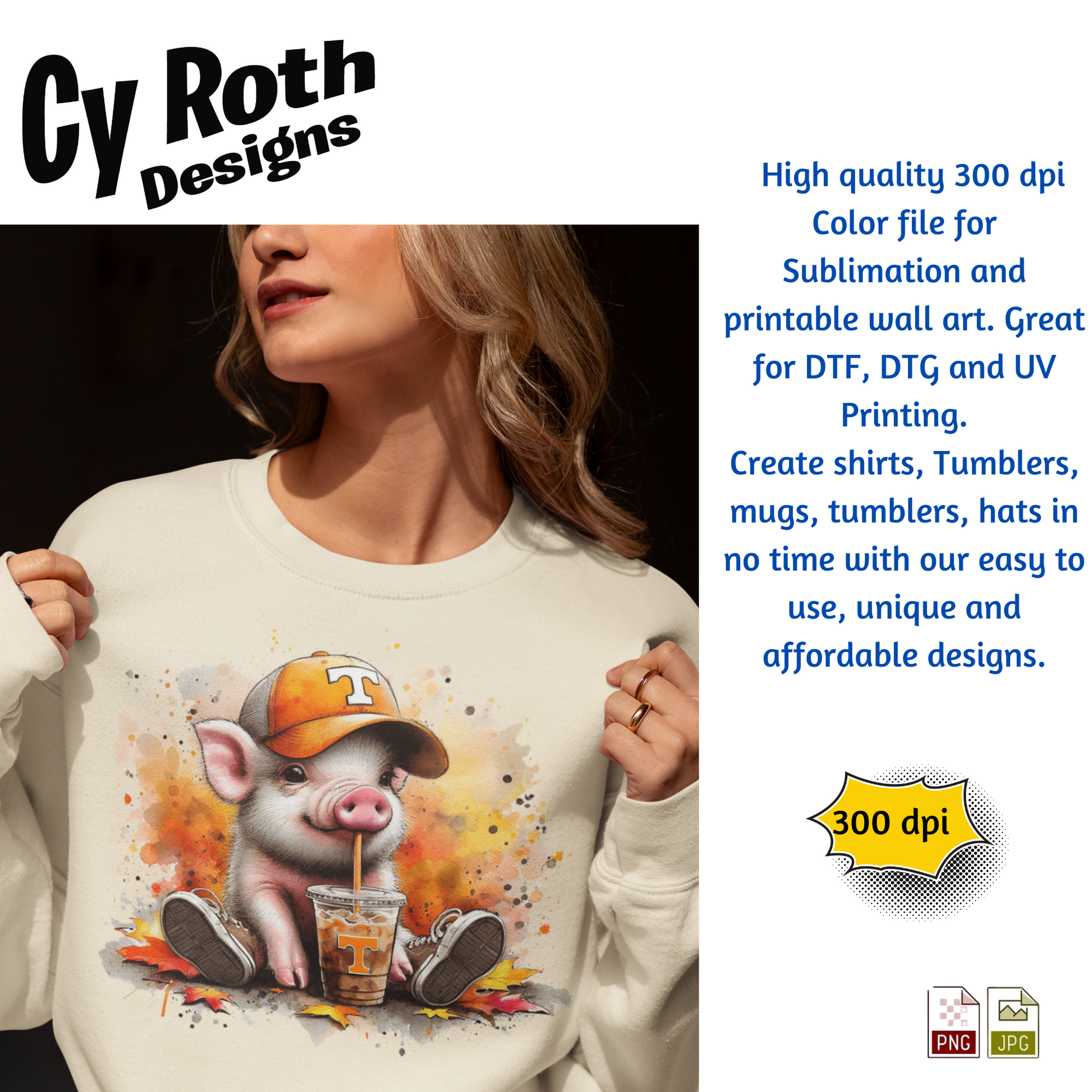 Woman wearing sweatshirt with image of a Tennessee Pig with Fall Decor