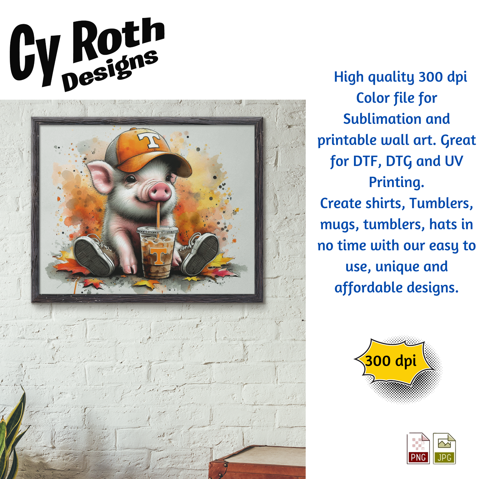 Framed artwork featuring a pig wearing Tennessee hat