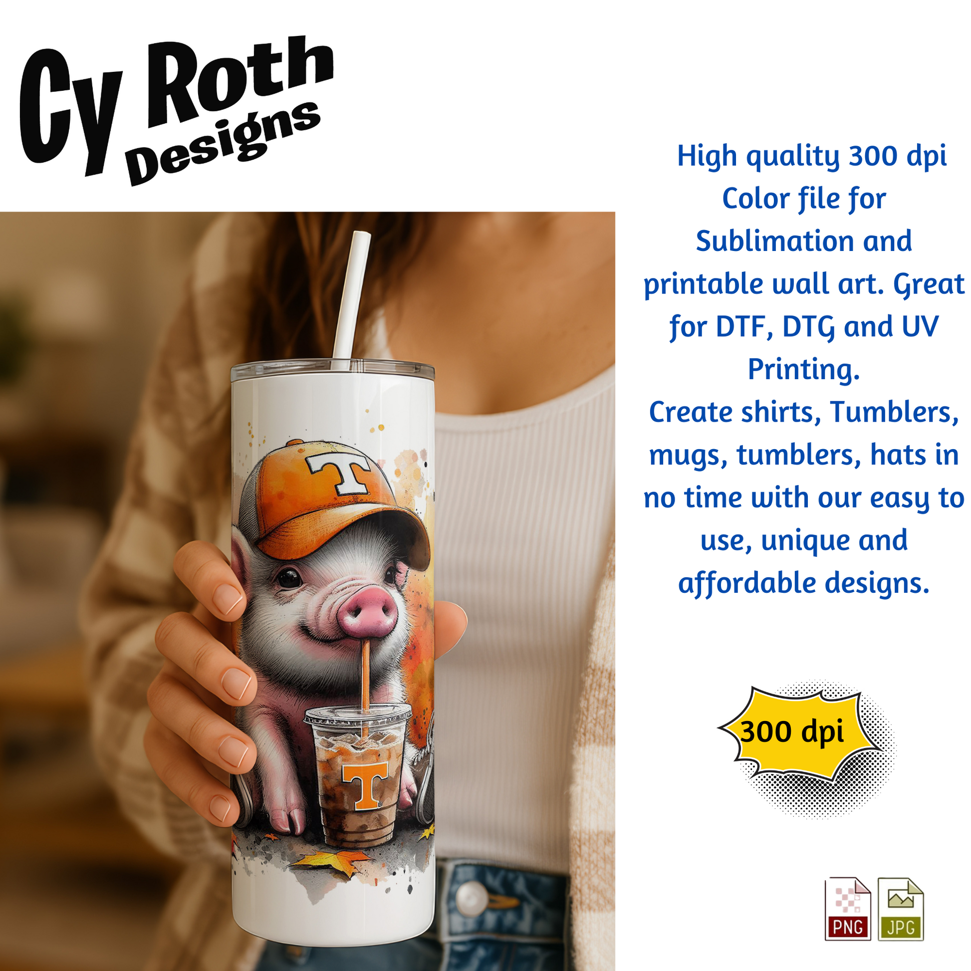 Woman holding a tumbler with an image of a pig wearing Tennessee hat