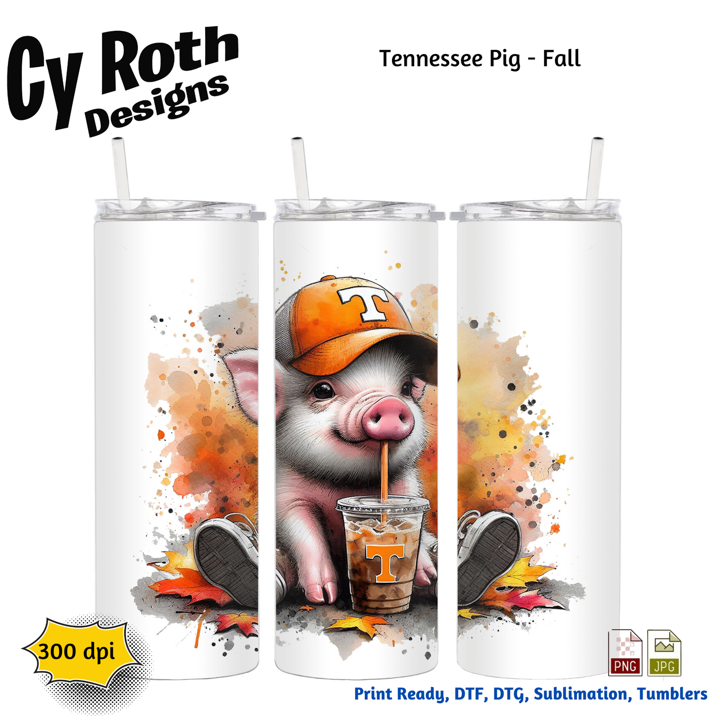 20 oz tumbler with image of a pig wearing Tennessee hat