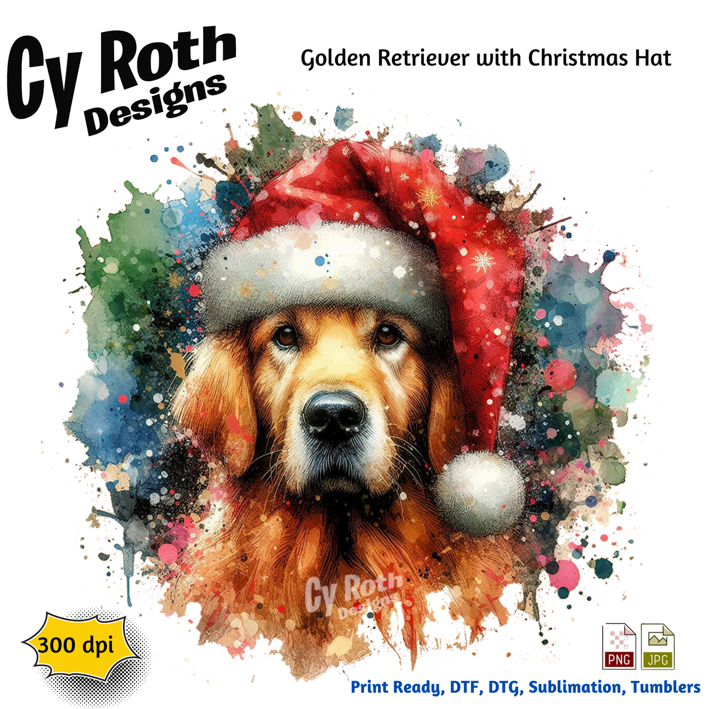 Golden Retriever wearing a Christmas hat with colorful splashes and 'Cy Roth Designs' branding.