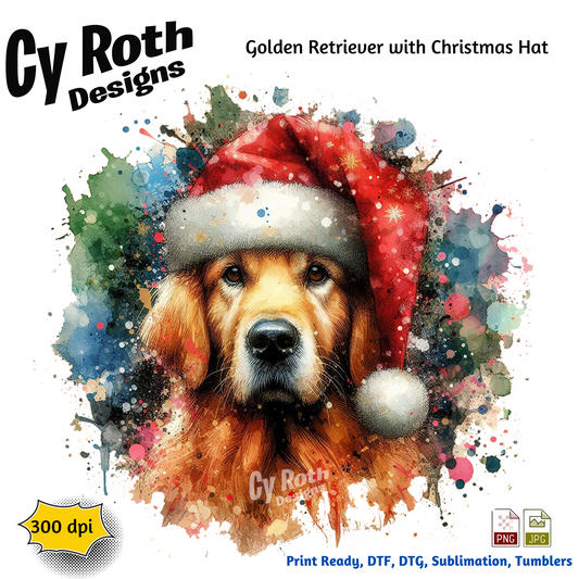 Golden Retriever wearing a Christmas hat with colorful splashes and 'Cy Roth Designs' branding.