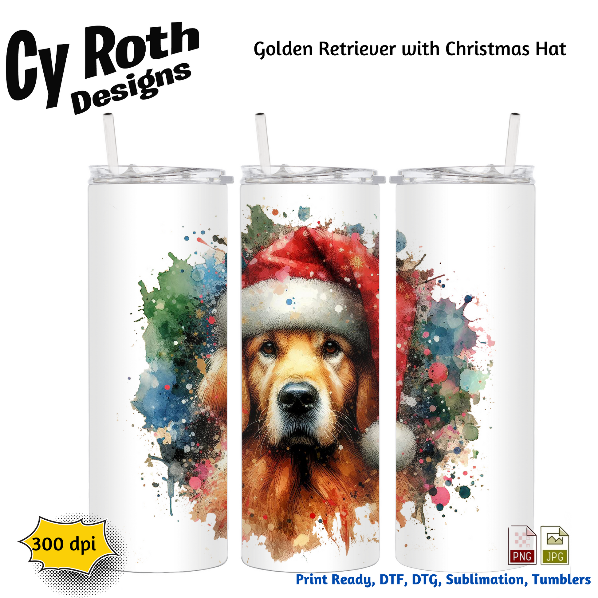 Tumblers with a Golden Retriever wearing a Christmas hat design, branded 'Cy Roth Designs'.