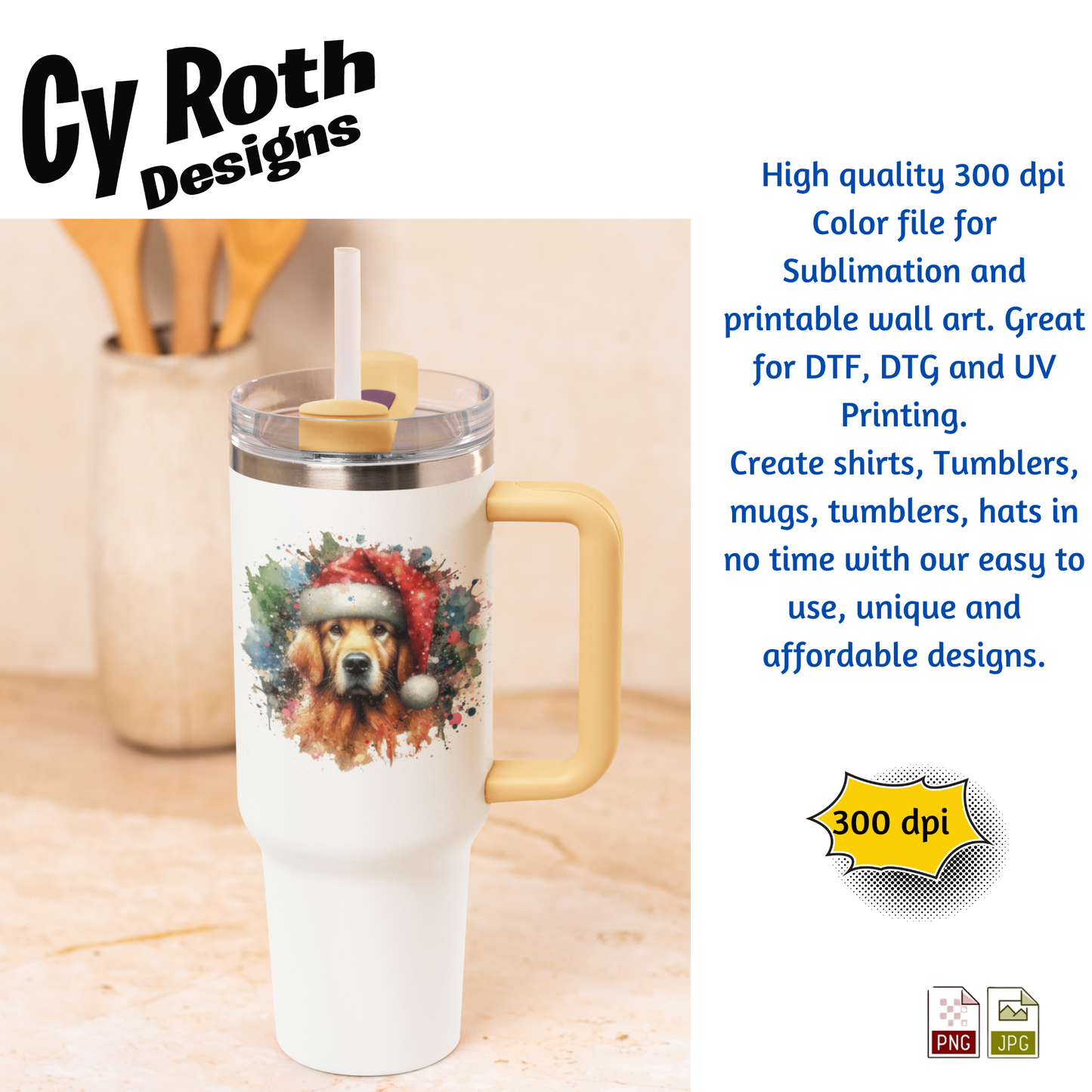 Travel mug with a dog design on a wooden surface, featuring Cy Roth Designs branding.