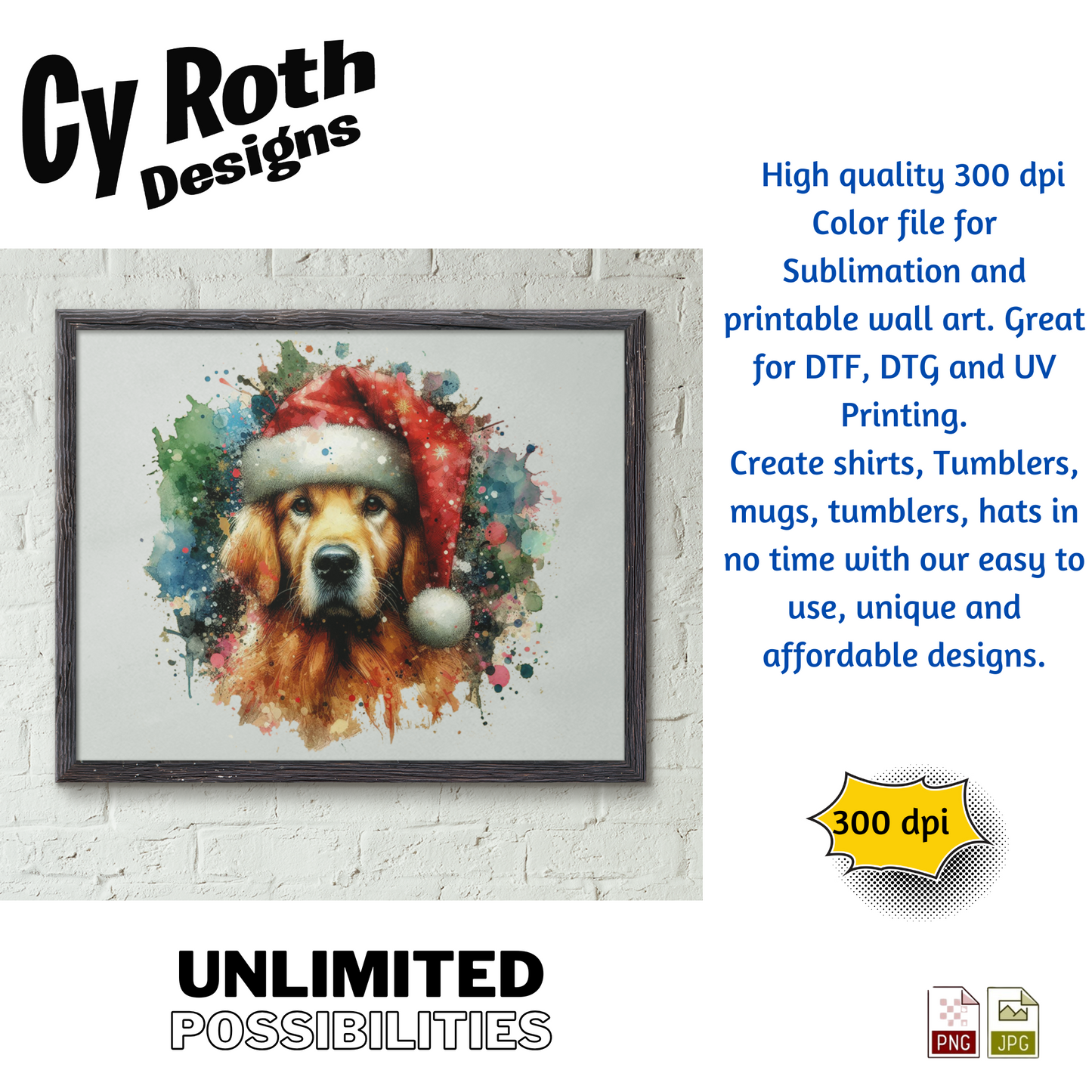 Framed artwork of a dog wearing a Santa hat with Cy Roth Designs branding.