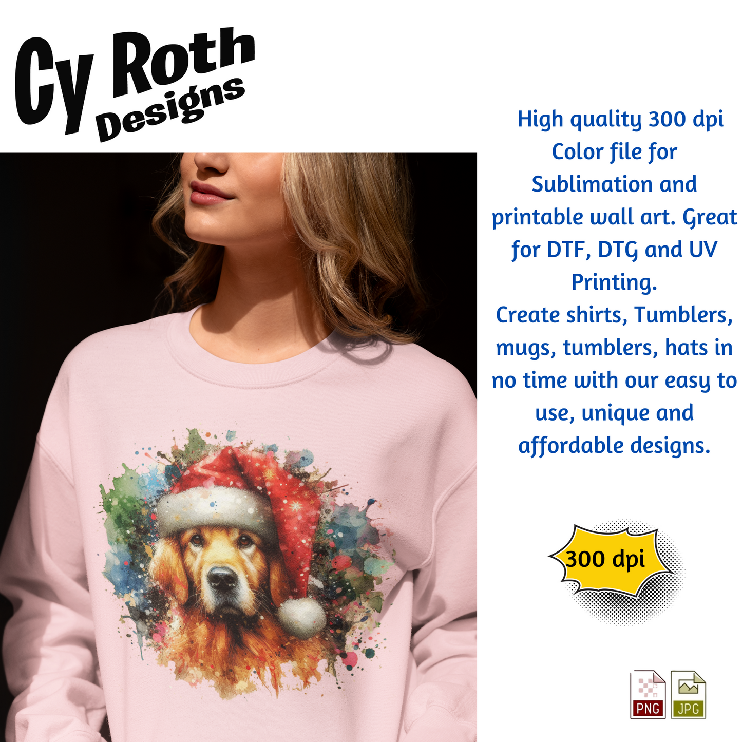 Person wearing a pink sweatshirt with a dog wearing a Santa hat design, featuring Cy Roth Designs text and product details.
