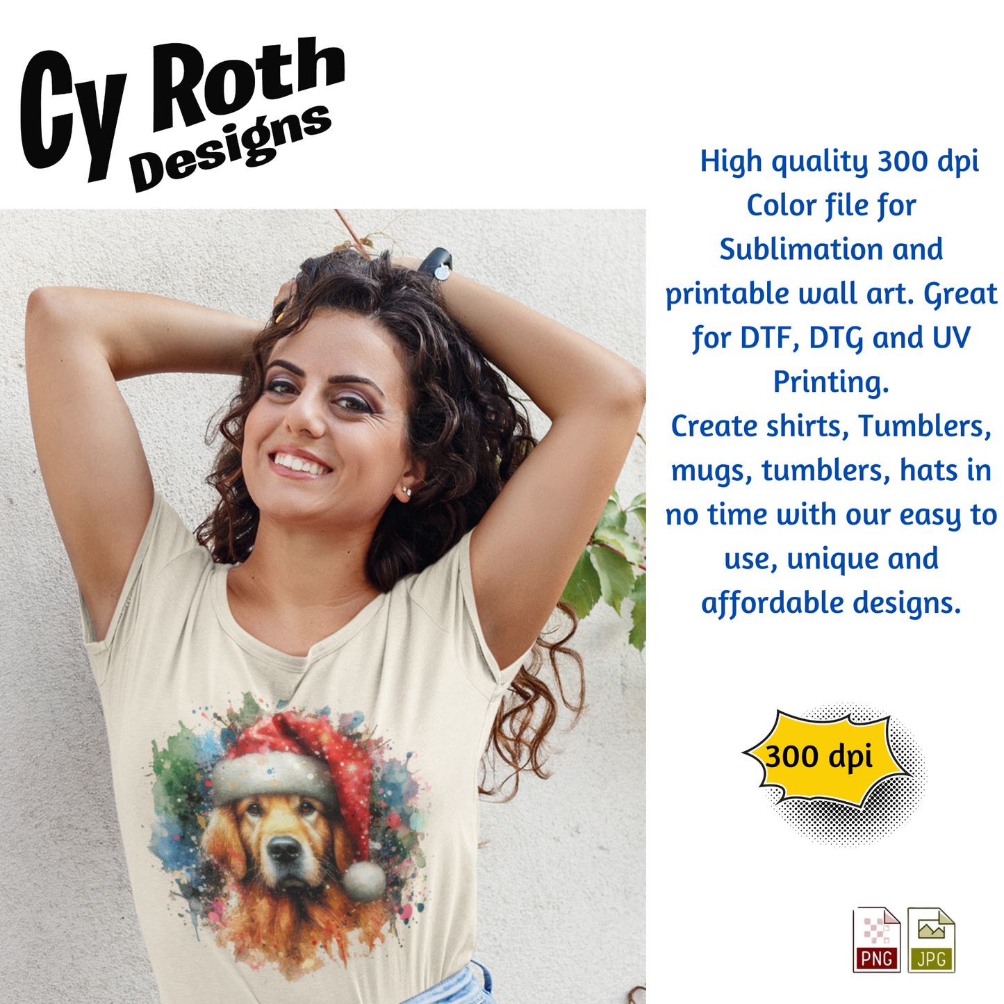 Woman wearing a t-shirt with a dog graphic and 'Cy Roth Designs' text on a white background.