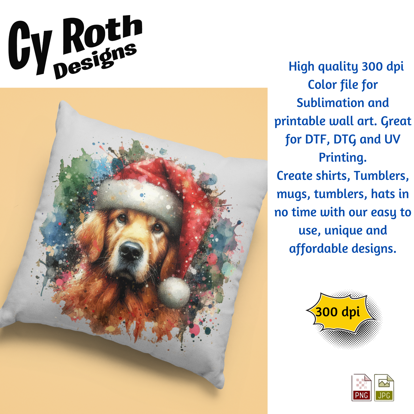 Decorative pillow with a dog wearing a Santa hat on a beige background, featuring Cy Roth Designs text.