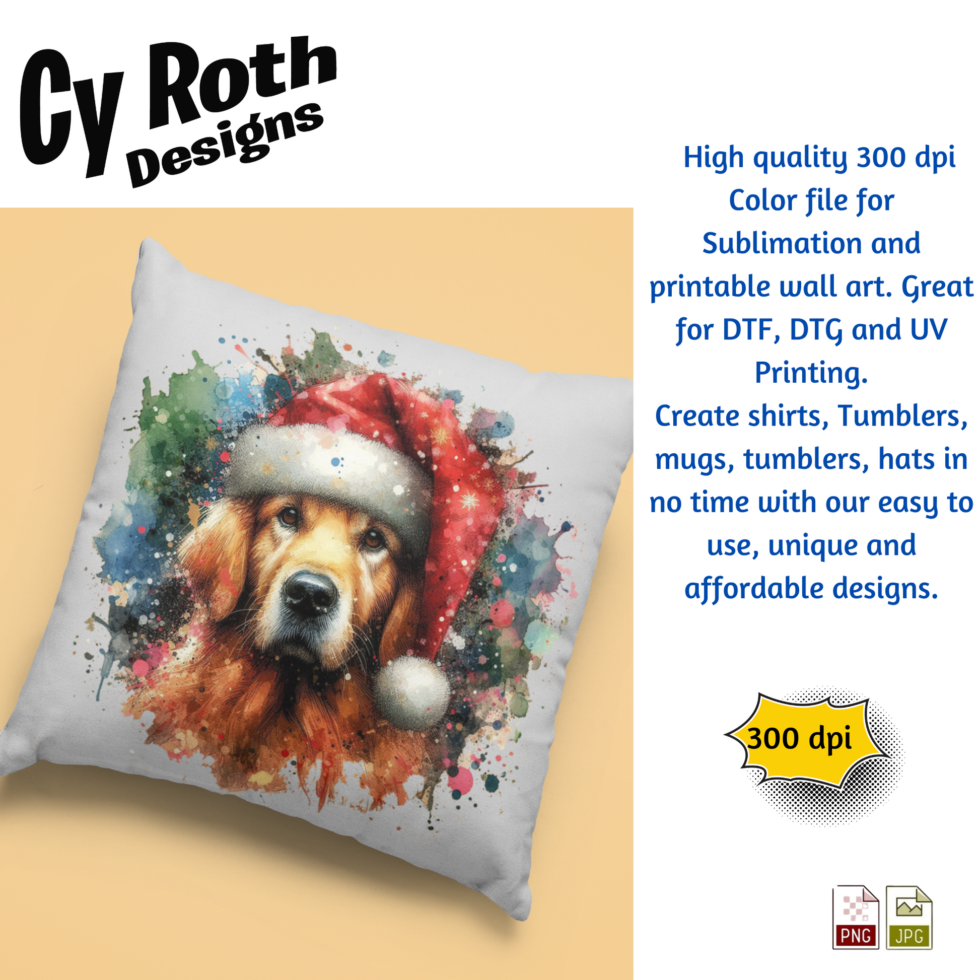 Decorative pillow with a dog wearing a Santa hat on a beige background, featuring Cy Roth Designs text.