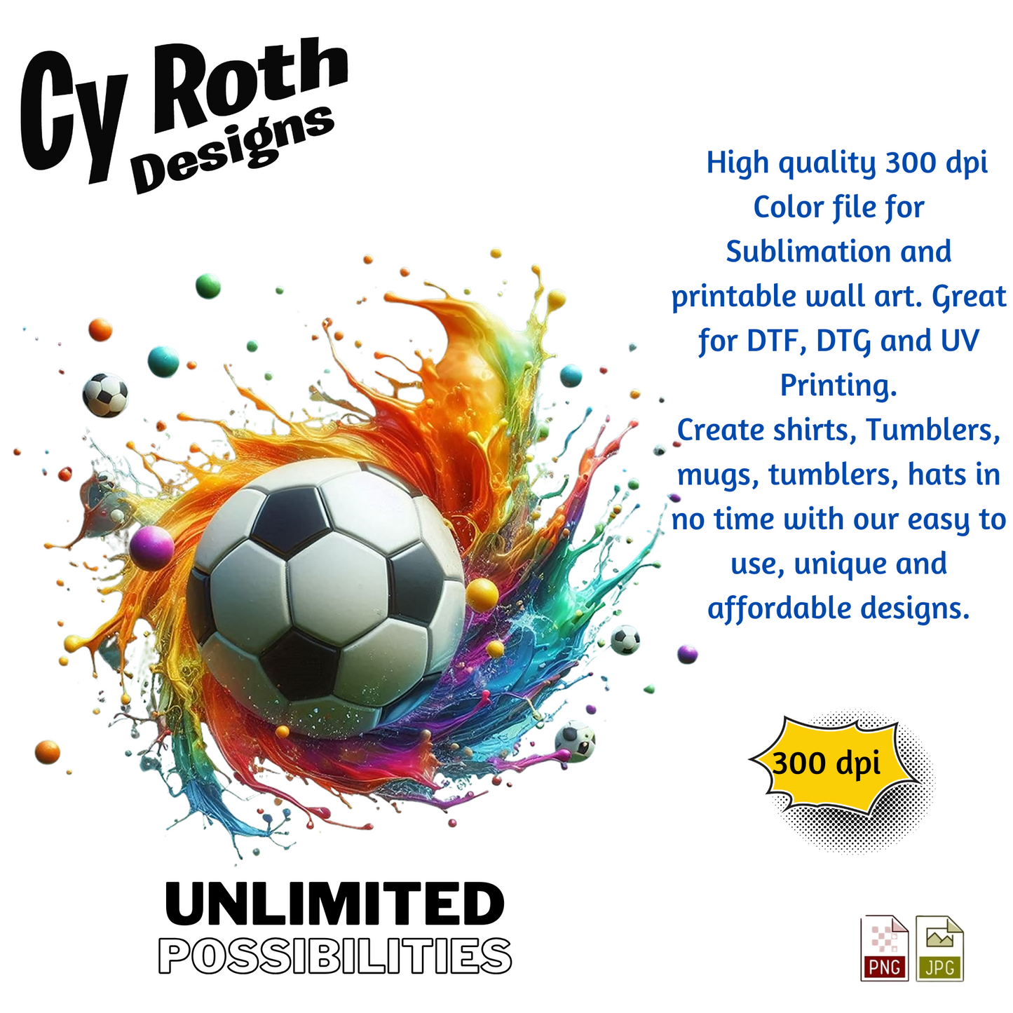 Soccer Sublimation PNG JPG file, Wall Art 20oz skinny Tumbler, shirt PNG, Junk Journal image. 3D Soccer Splash