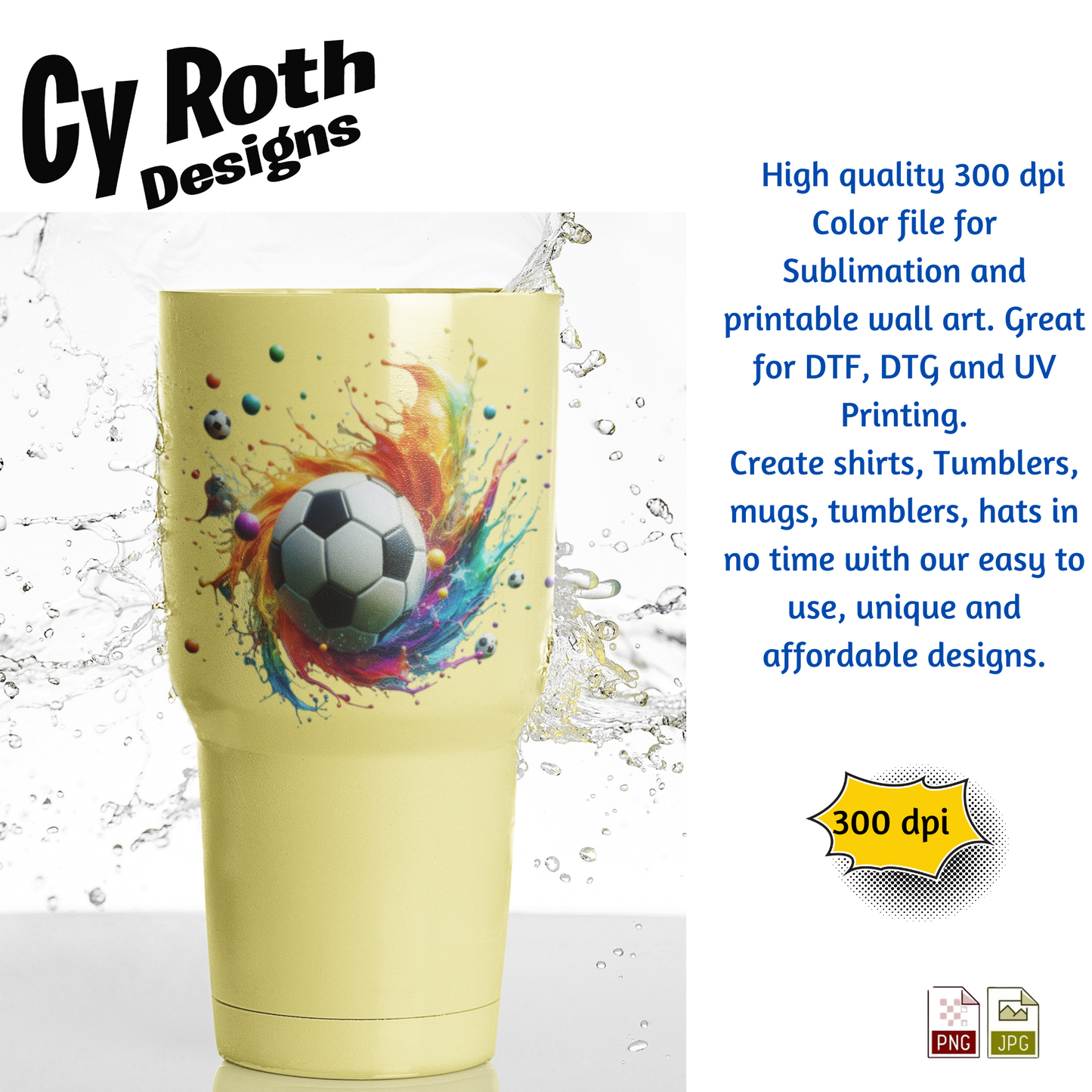 Soccer Sublimation PNG JPG file, Wall Art 20oz skinny Tumbler, shirt PNG, Junk Journal image. 3D Soccer Splash