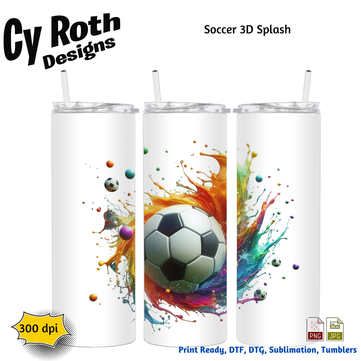 Soccer Sublimation PNG JPG file, Wall Art 20oz skinny Tumbler, shirt PNG, Junk Journal image. 3D Soccer Splash