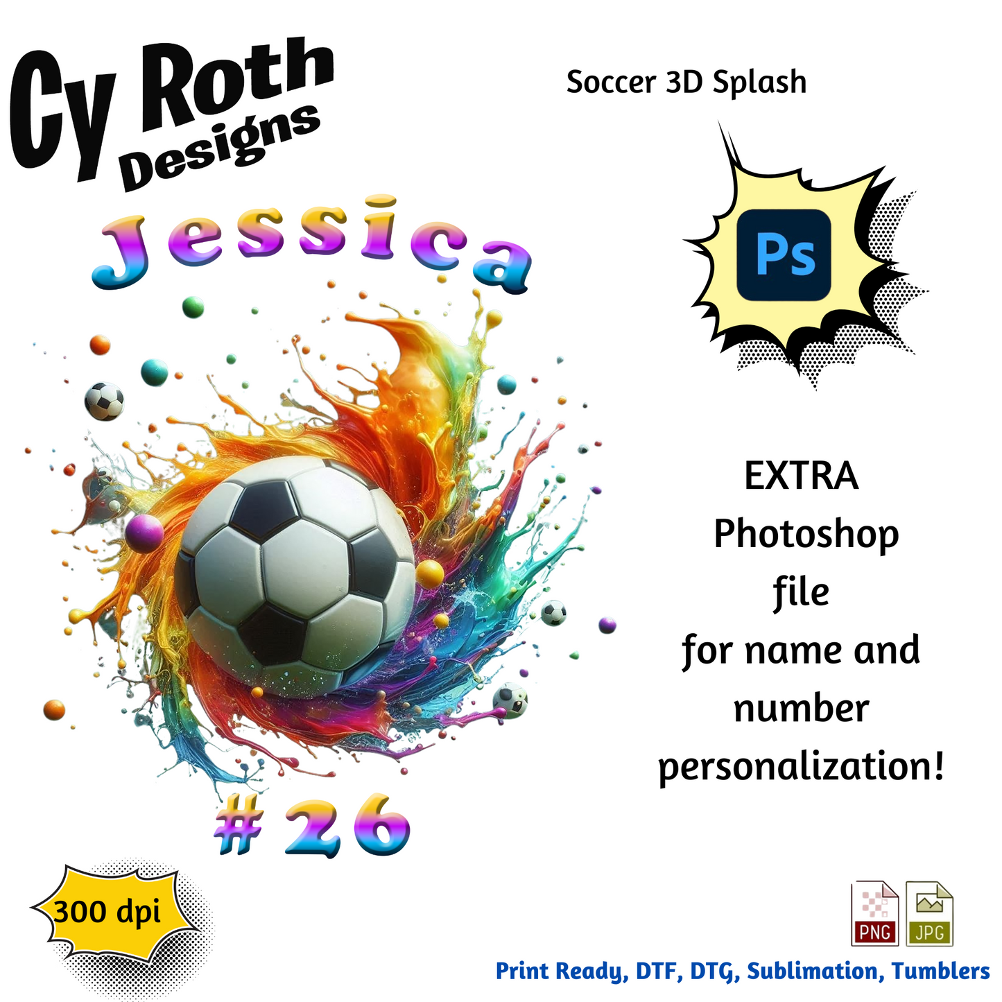 Soccer Sublimation PNG JPG file, Wall Art 20oz skinny Tumbler, shirt PNG, Junk Journal image. 3D Soccer Splash