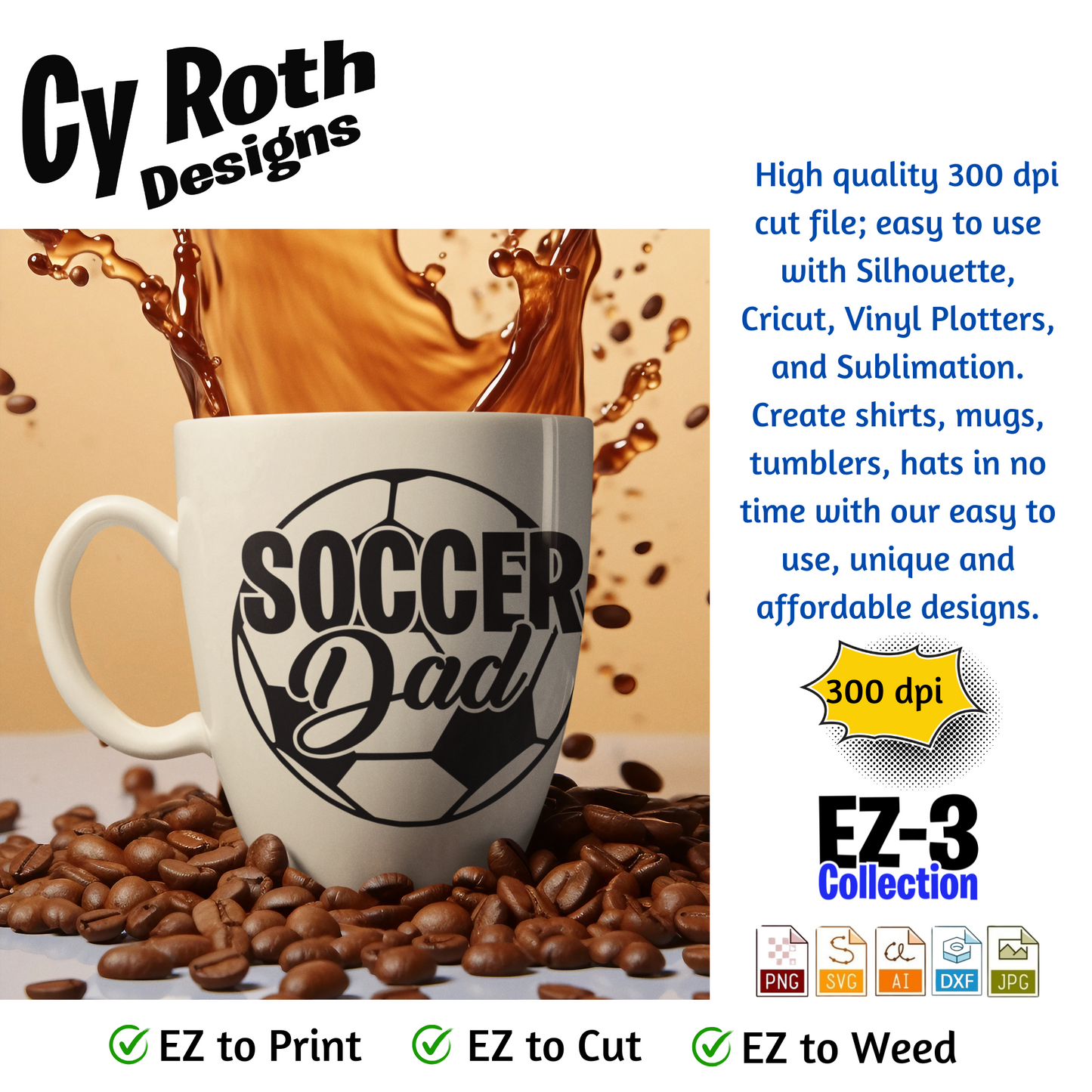 Soccer svg png jpg ai dxf file, for Silhouette, Cricut, Vinyl Plotters, Laser, CNC and Sublimation. Great for DTF and DTG. Soccer Dad