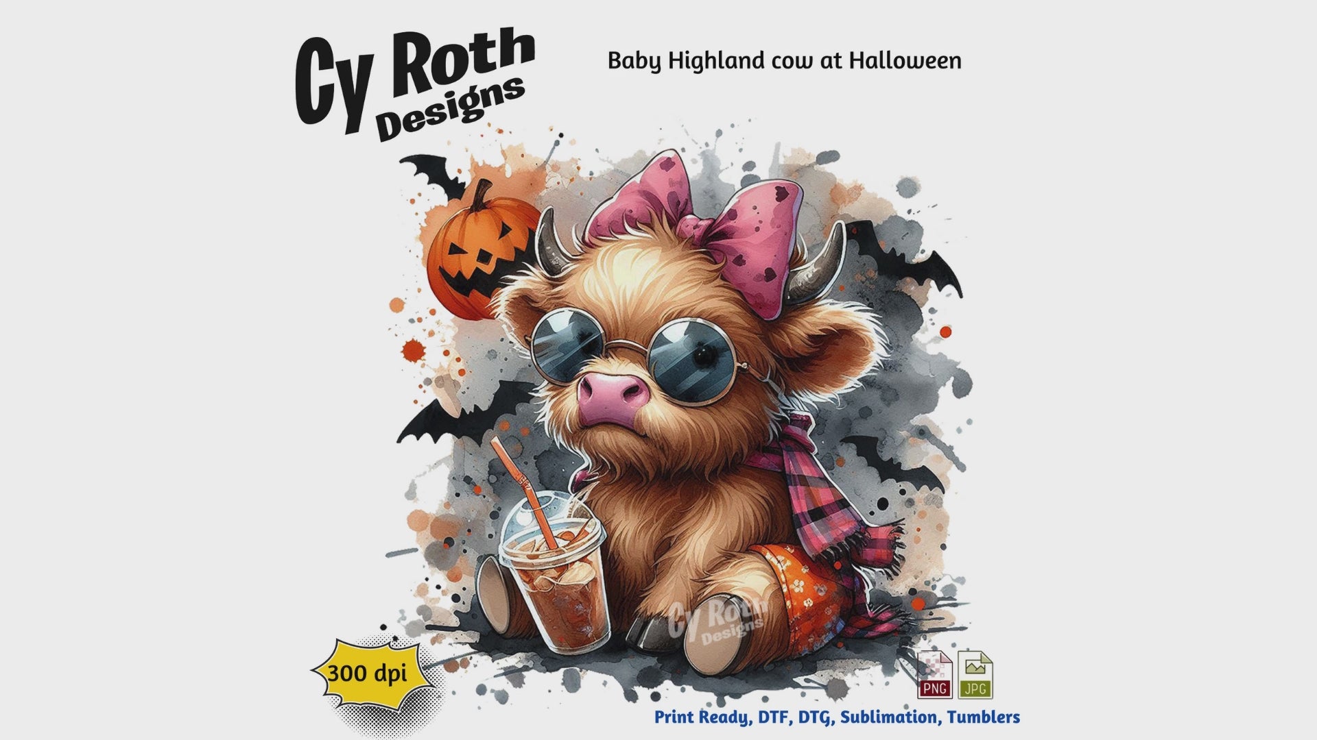 Baby Highland Cow at Halloween sublimation file to make tumblers, t-Shirts, Printable Wall Art, Sweatshirts.