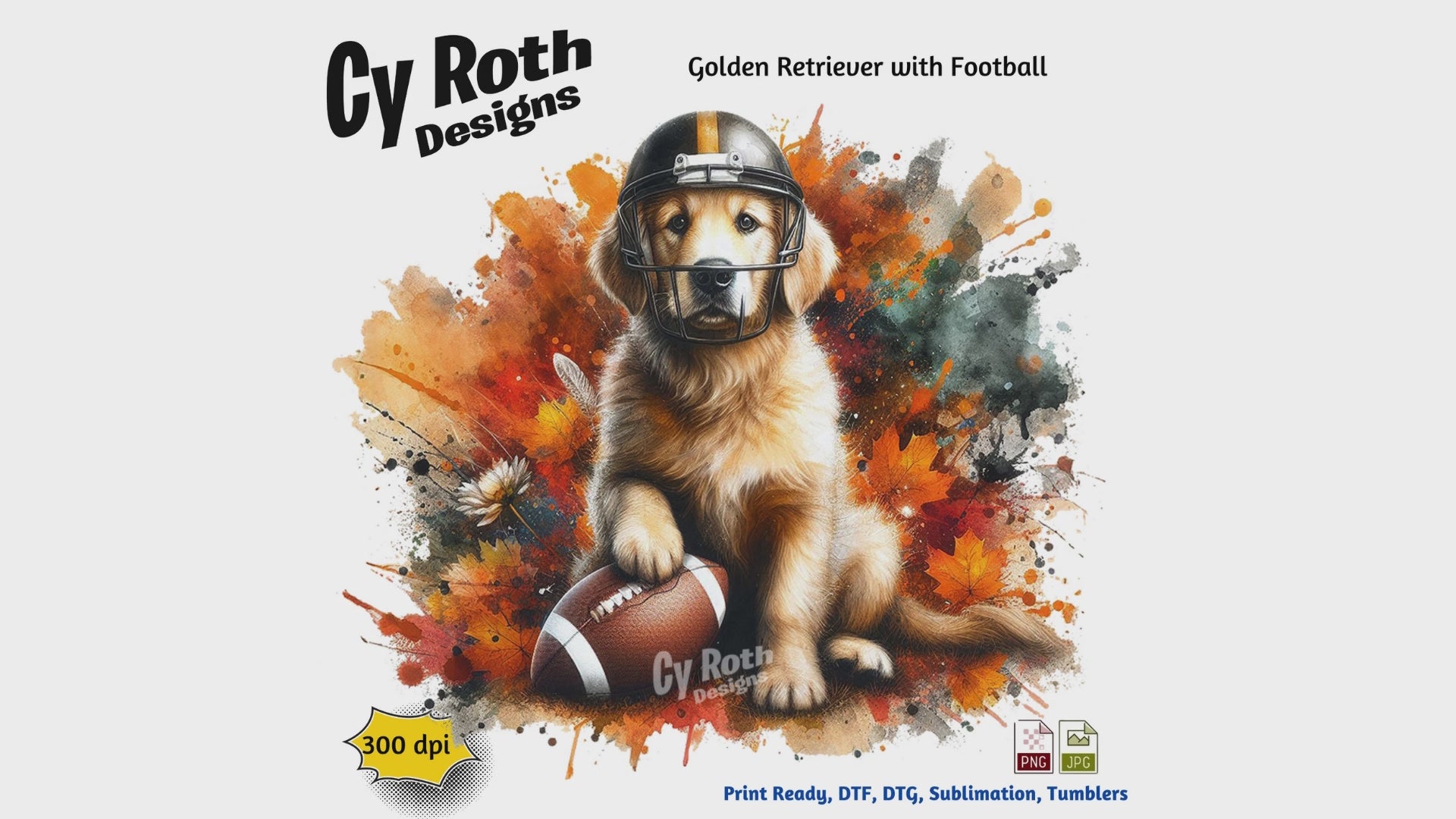 Golden Retriever wearing football helmet sublimation design for tumblers, T-Shirts, Wall Art (PNG, SVG Digital Download).